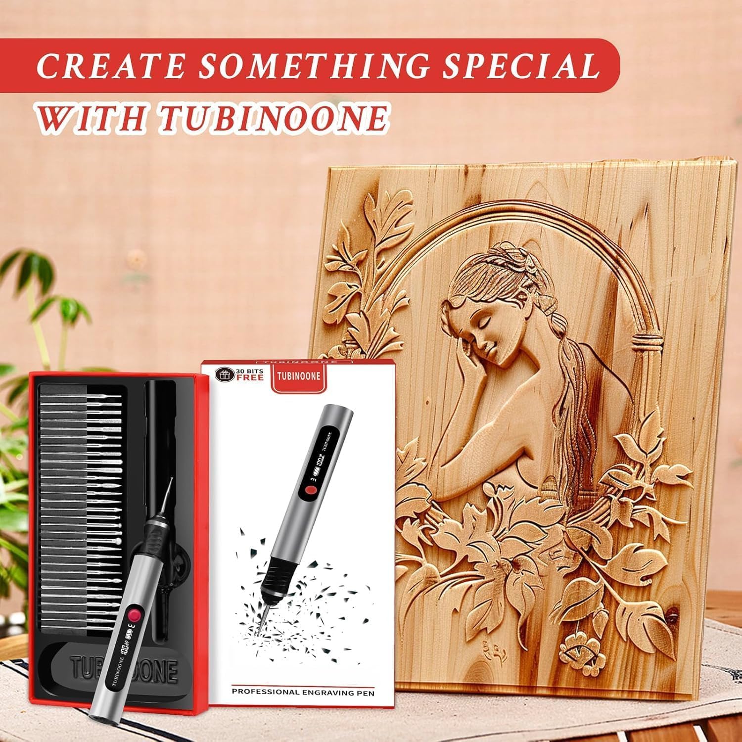 TUBINOONE Gravierstift, ultimativer kabelloser tragbarer Gravierer für Künstler und Heimwerker – Gravieren Sie über 50 Oberflächen – Anfängerfreundlich – wiederaufladbar – inklusive 30 Bits &