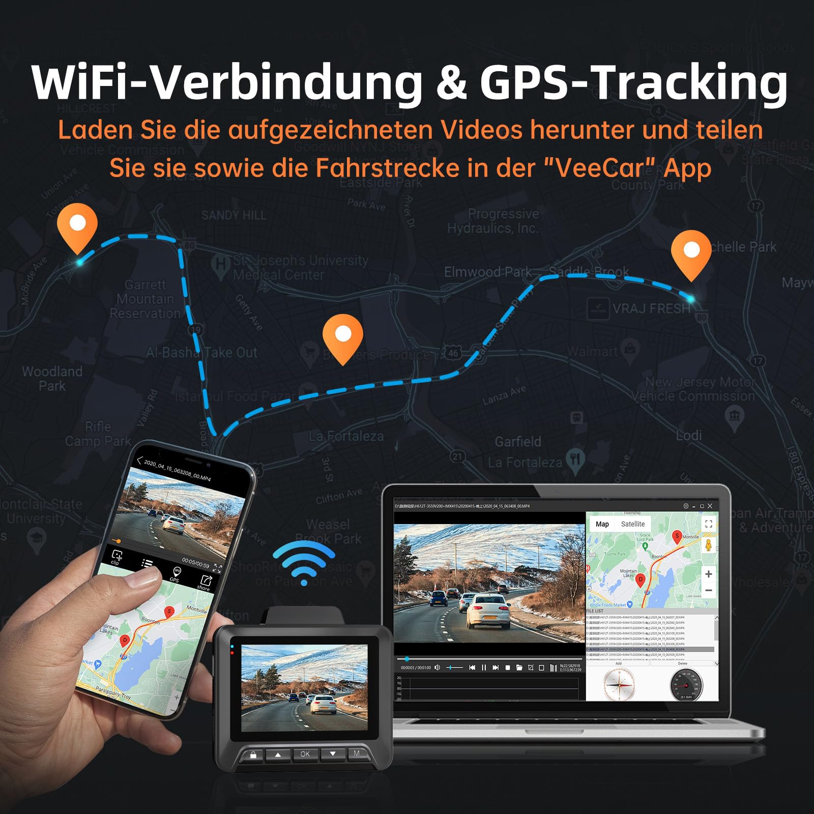 Dashcam Auto Vorne Hinten 4K+1080P, Dash Cam Auto mit GPS WiFi, Parküberwachung, Dual Autokamera mit 32GB Karte, 170° Weitwinkel, Super Nachtsicht, G-Sensor, Loop-Aufnahme, APP Steuerung, Max 256GB