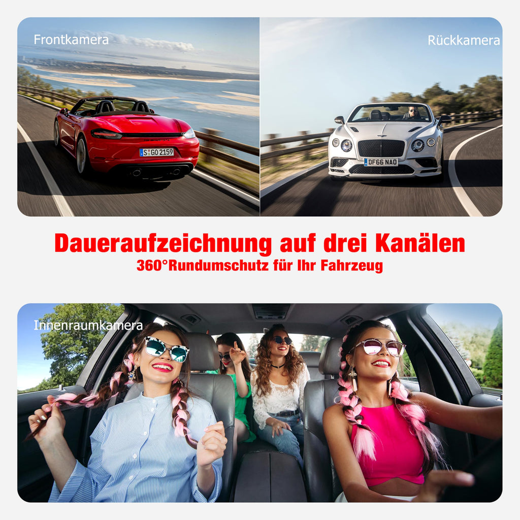 Volam 3 Kanal Dashcam Auto Vorne Hinten und Innen mit Akku, 1080P Dash Cam mit Auto Kamera Parküberwachung, Infrarot Nachtsicht WDR, G Sensor, 170° Weitwinkel Dash Camera mit Rückfahrkamera