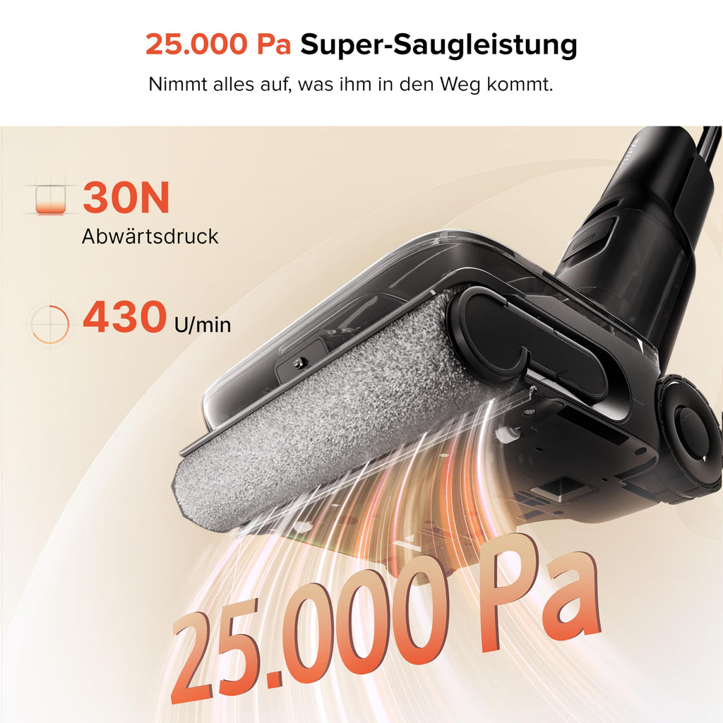 roborock F25 ACE Pro Nass-Trockensauger, 25000Pa, JetFoaming gegen Flecken, Anti-Haar-Verwicklung, 180° Flach-Design, Heißwasser-Selbstreinigung & Heißlufttrocknung