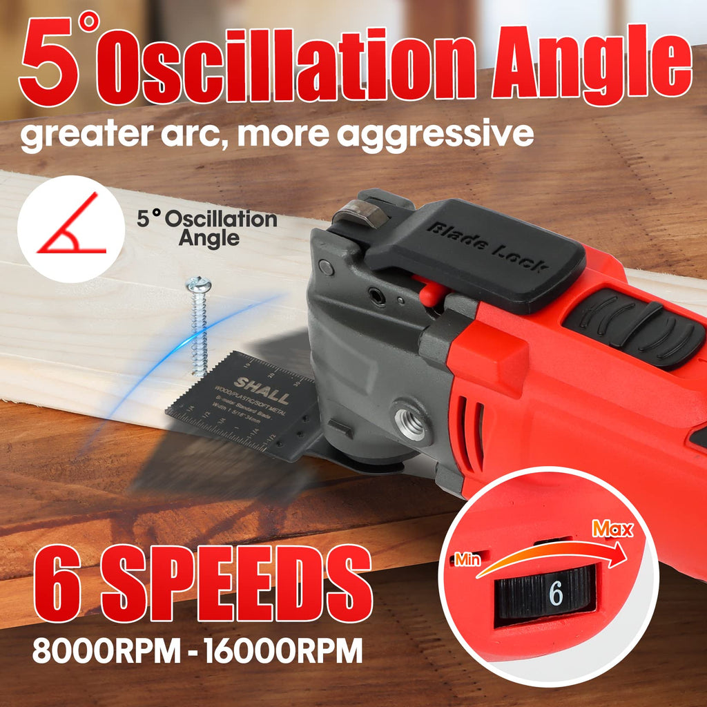 SHALL Oszillierendes Werkzeug, oszillierendes 500-W-Multifunktionswerkzeug-Kit mit 5° Oszillationswinkel, Schnellwechsel, 6 Geschwindigkeiten, Hilfsgriff, 34 Sägezubehör und Tragetasche