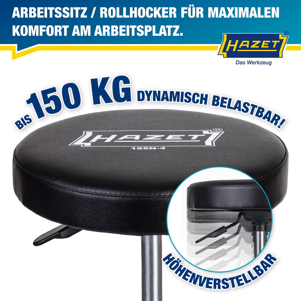 HAZET Arbeitssitz 195N-4; stabile Vierkant-Rohrrahmenkonstruktion; 5 Leichtlaufrollen 75 mm; höhenverstellbar 430-550 mm; belastbar bis 150 kg; großes Sitzkissen 350 mm