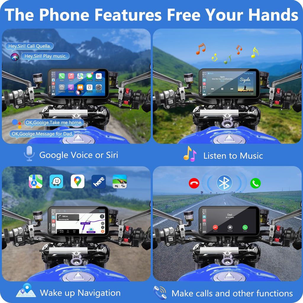 Carpuride W603D, 6,3-Zoll Motorrad-GPS-Carplay-Bildschirm, Kabelloses CarPlay und Android Auto für Moto, mit Doppelkameras, Fernbedienung, IP67 Wasserdichtem, BT Aduio, Loop-Aufnahme