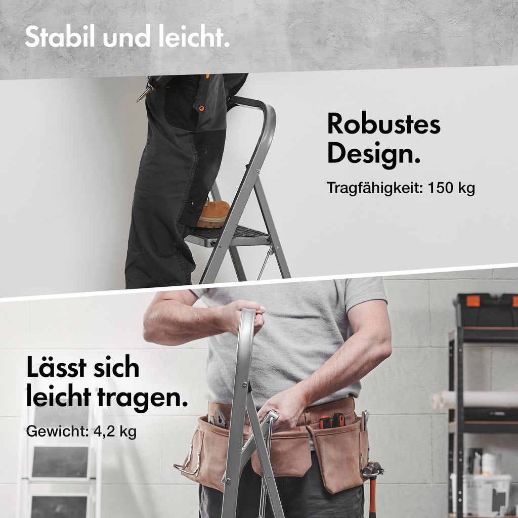 VonHaus Trittleiter 2 Stufen Klappbar - Treppenleiter mit Anti-Rutsch-Füßen, Einfache Aufbewahrung, Belastbar bis 150kg - Hochwertige, Robuste Stahl Stahlleiter für Heimwerker- und Gartenprojekte
