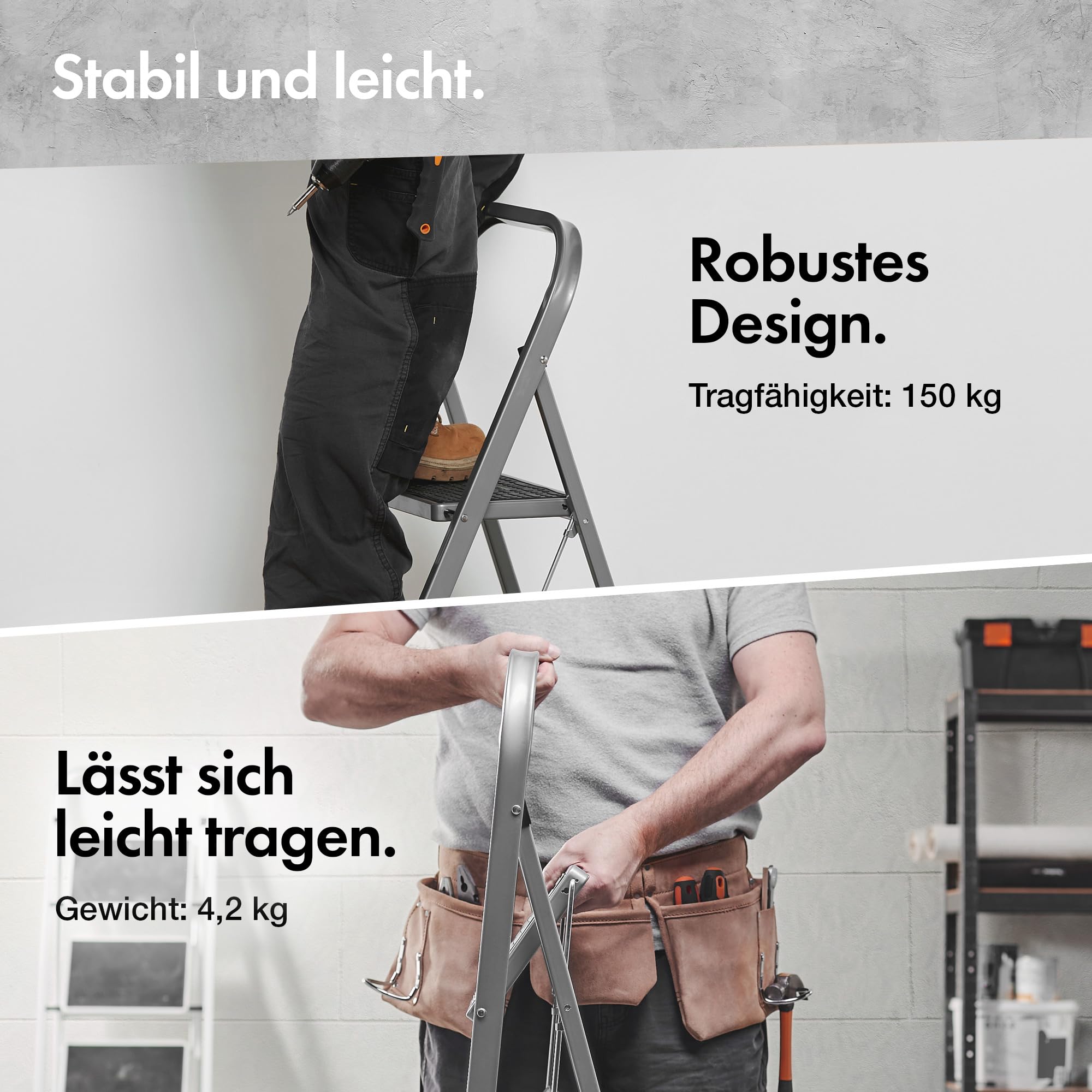 VonHaus Trittleiter 2 Stufen Klappbar - Treppenleiter mit Anti-Rutsch-Füßen, Einfache Aufbewahrung, Belastbar bis 150kg - Hochwertige, Robuste Stahl Stahlleiter für Heimwerker- und Gartenprojekte