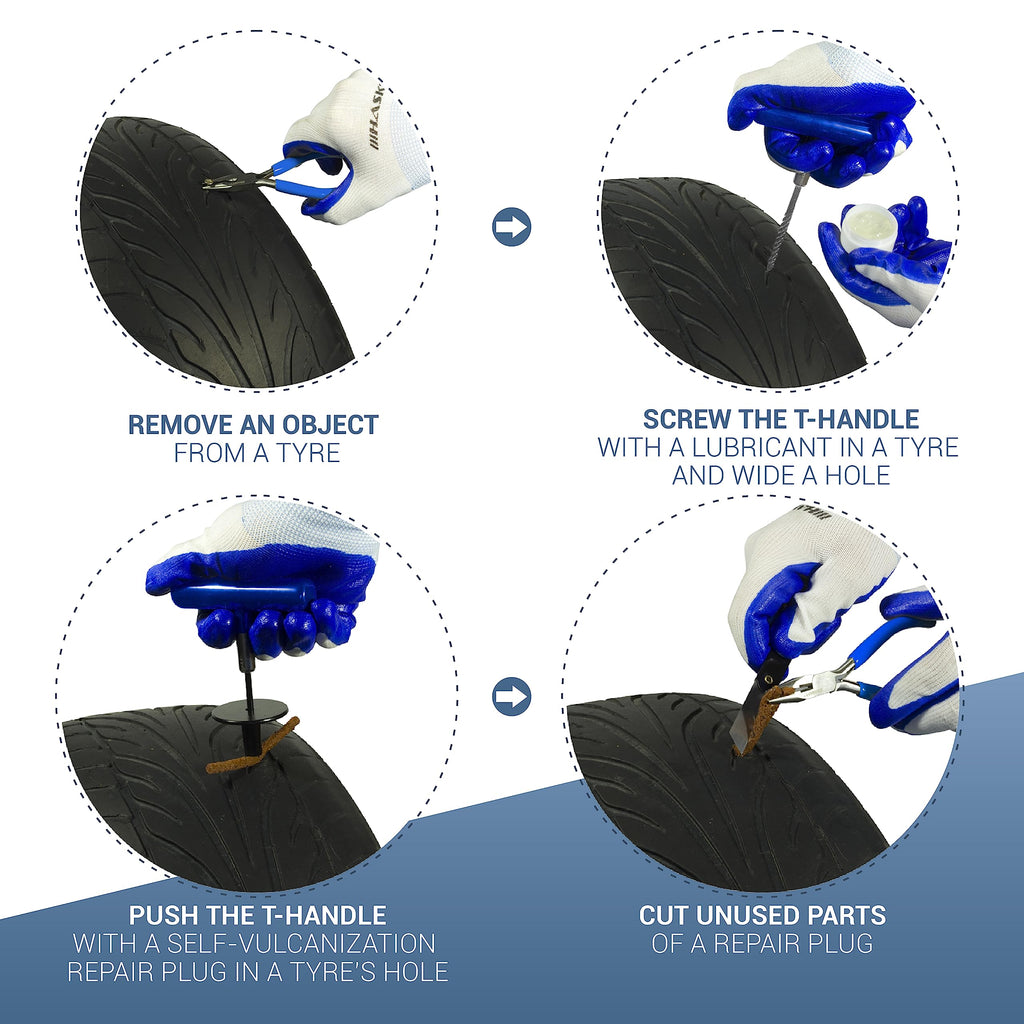 47 tlg. Reifenreparatur Set für I PKW Autos LKW Motorrad I QUAD ATVs UTVs I Traktoren Schlepper Rasenmäher Anhänger Trailer I Trucks Jeeps SUVs I Anleitung in 7 Sprachen