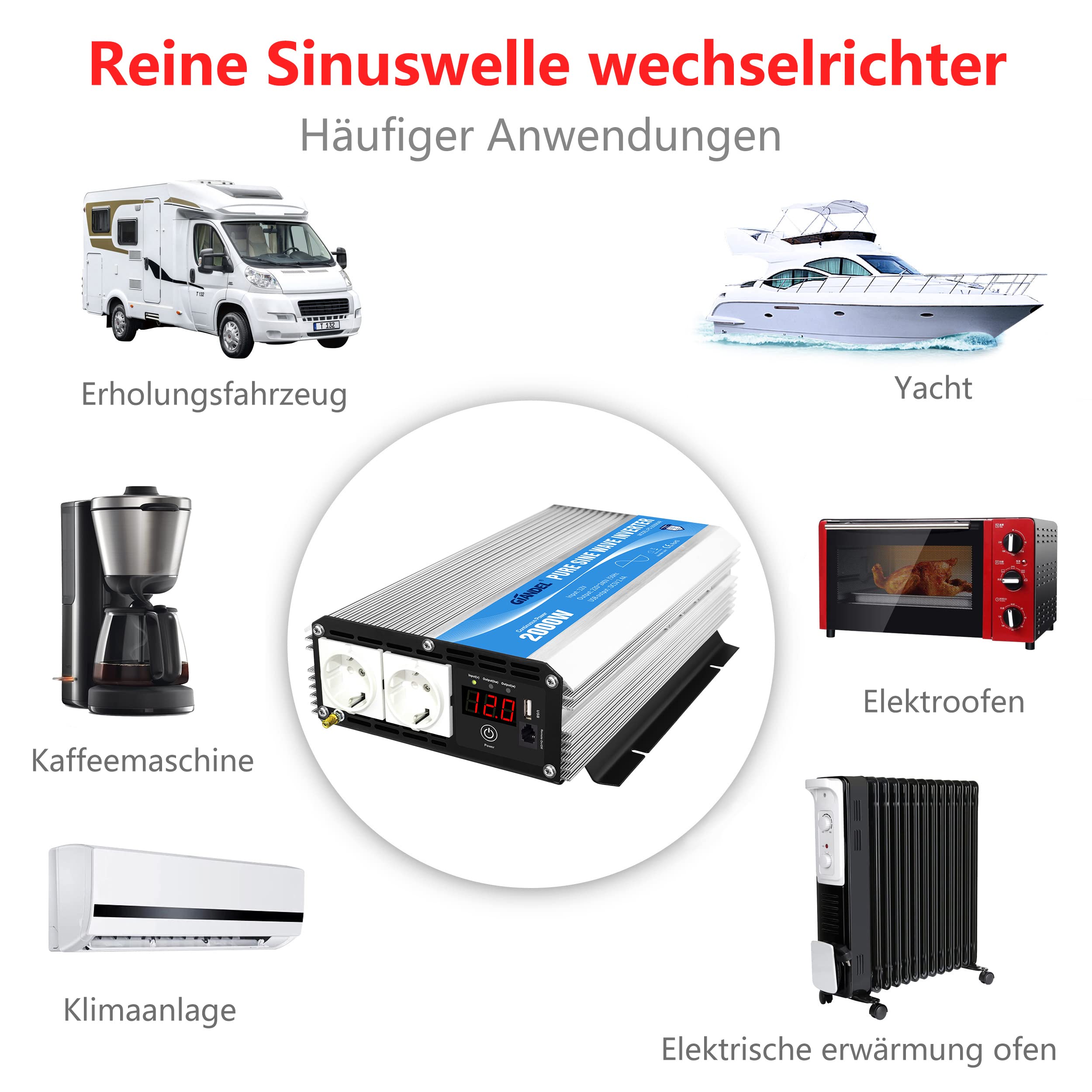 GIANDEL 2000W Wechselrichter 12V auf 230V Reiner Sinus Spannungswandler Kompatibel Lithium-Batterie, Für Wohnmobil, LKW, Zuhause, Off-Grid Solarstrom Umwandler-Inverter mit LED-Anzeige