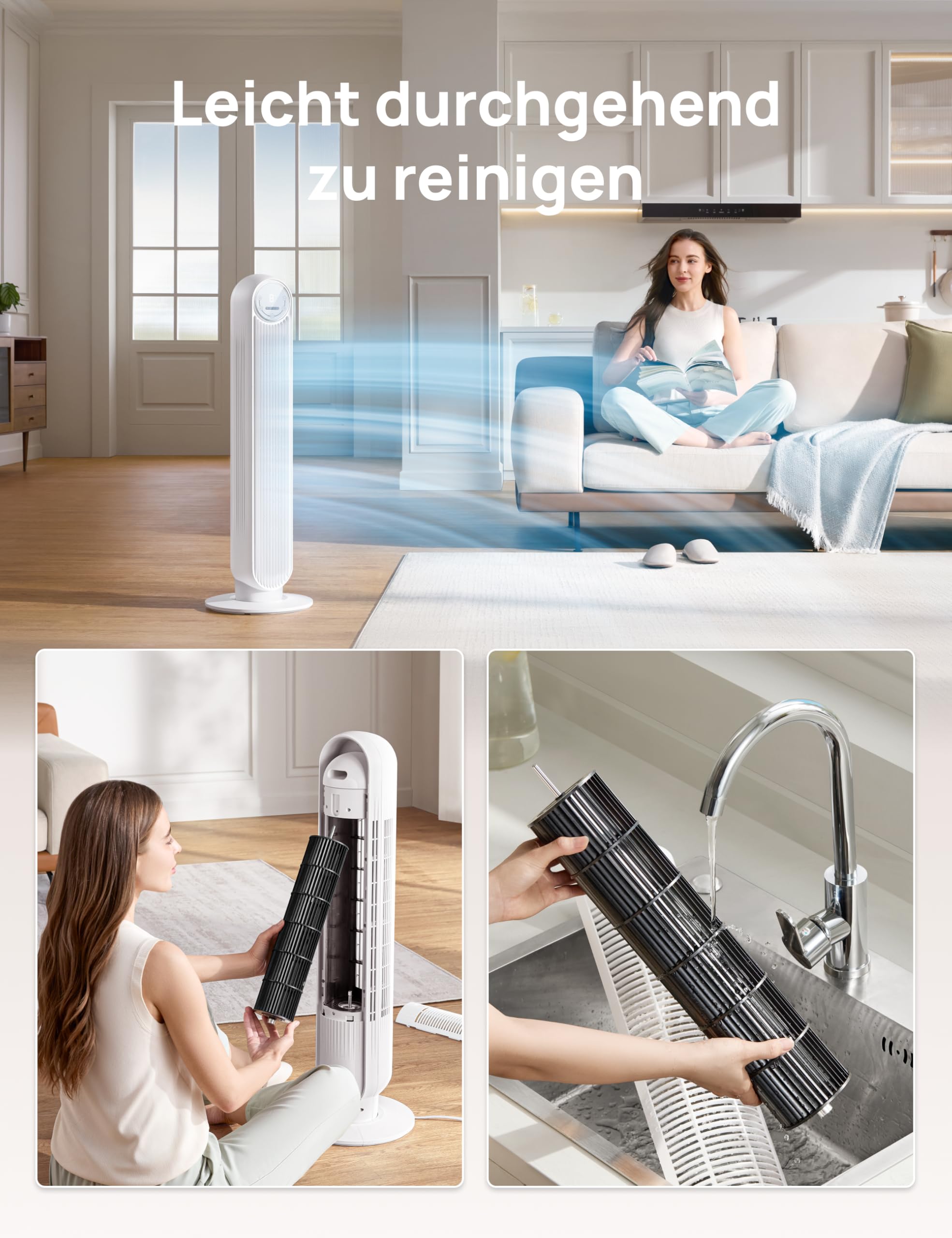 Dreo 20dB Leiser Turmventilator, 10 m Wurfweite 4 Geschwindigstufen 4 Modi 8 Std. Timer 90° oszillierende Ventilator mit Kühlung Fernbedienung für Schlafzimmer, Nomad One, Weiß