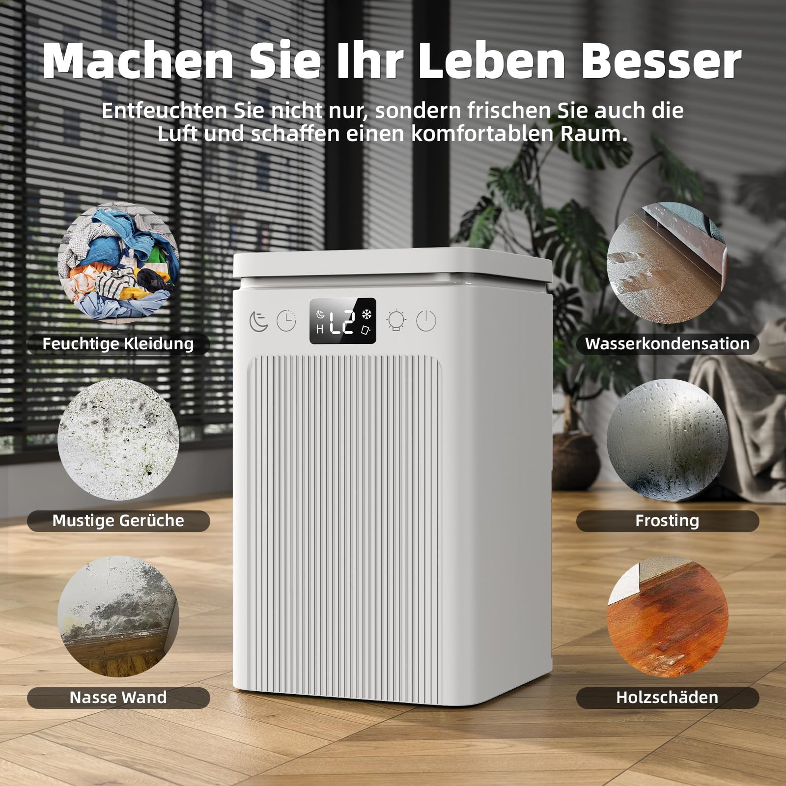 Luftentfeuchter 2.2L,Raumentfeuchter Elektrisch Entfeuchter mit LED Display,Ultra Leiser,2-12-Stunden-Timer,7 Farben Licht,Auto-Stopp & Automatisches Entfrosten,Ideal für Schlafzimmer, Badezimmer.