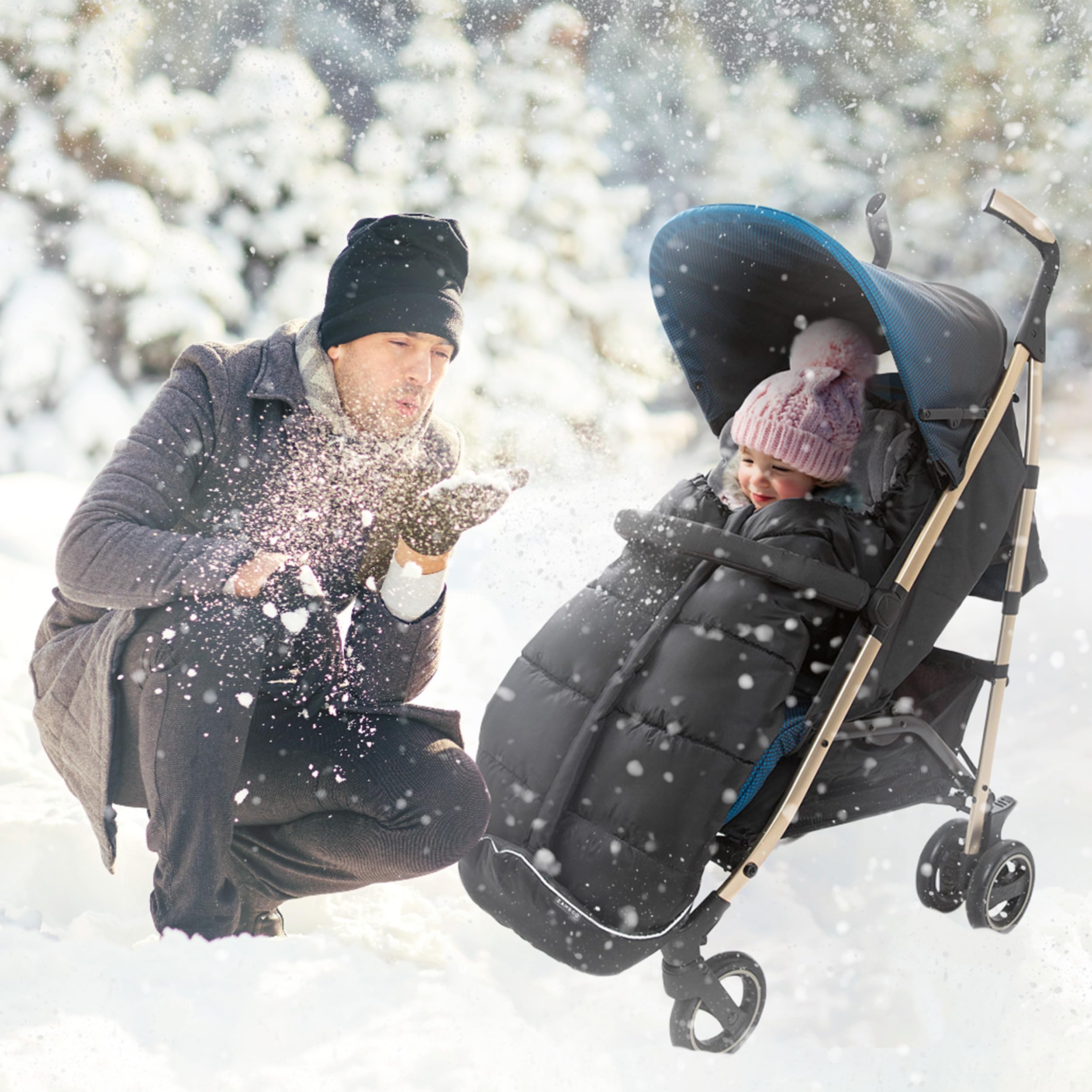 Zamboo Fußsack für Joie Buggy Sportwagen (passend für Litetrax, Mytrax, Chrome) - Winterfußsack für Kinderwagen, mit Reflektor, Kapuzenfunktion & Tasche - Schwarz