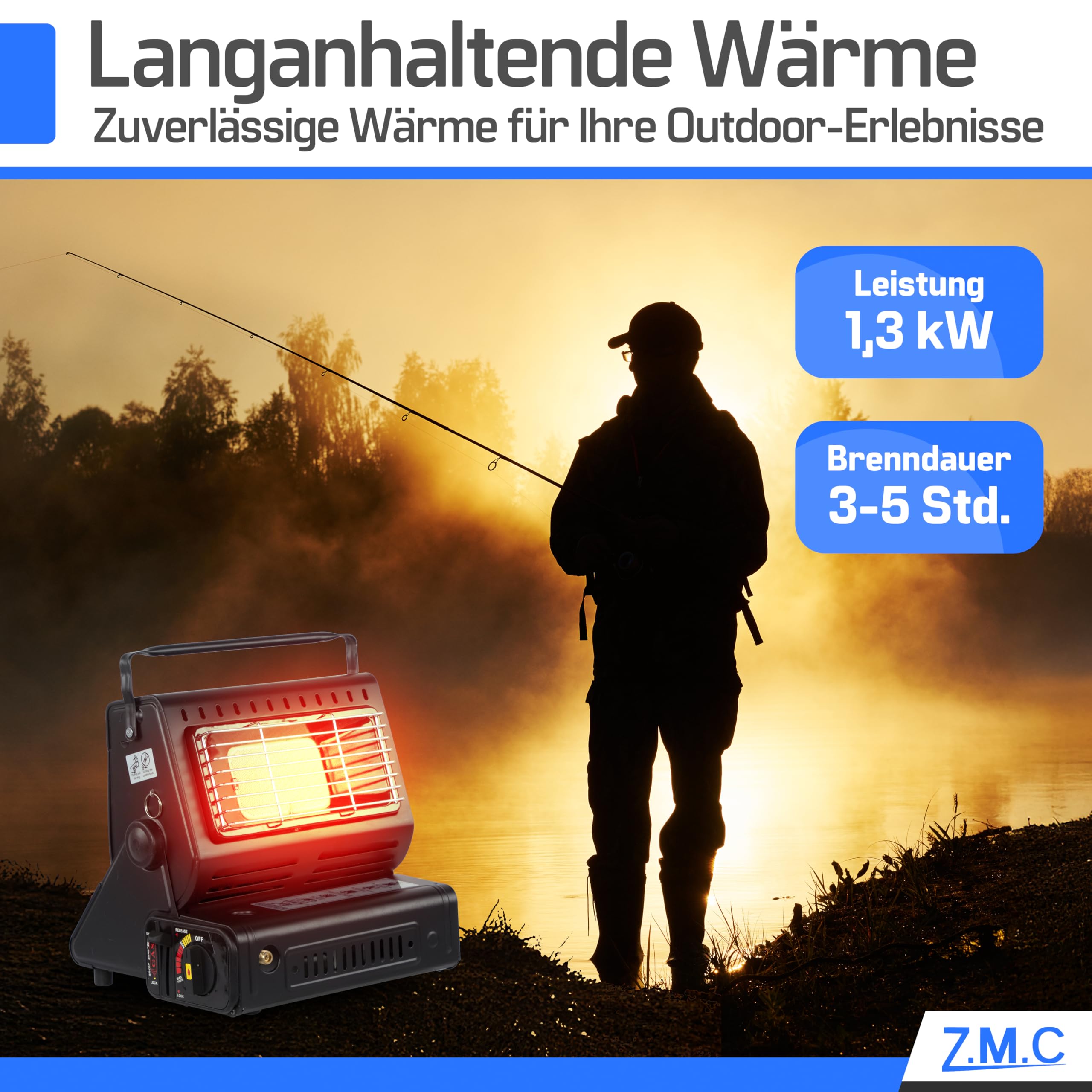 Z.M.C 2-in-1 Tragbare Gasheizung und Gaskocher mit LPG Anschluss, Camping Heizung 1,3 kW, Gasheizer für Outdoor, Camping, mobile Heizstrahler mit Piezozündung, Wärme & Kochen für unterwegs
