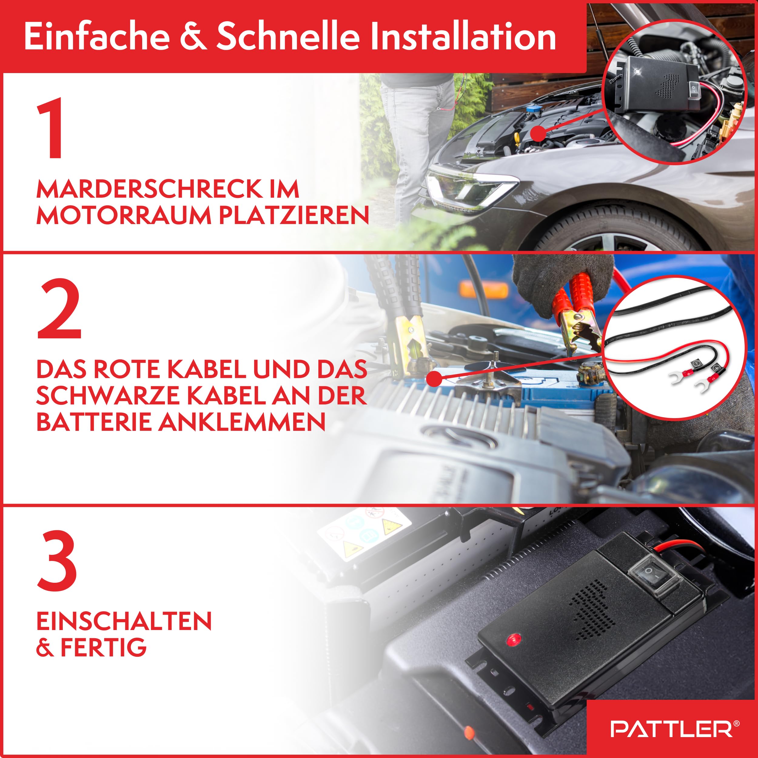 PATTLER® Marderschreck Auto - Marderabwehr mit Ultraschall. Anschluss an 12V Autobatterie. Sofortiger & Langfristiger Marderschutz im Motorraum