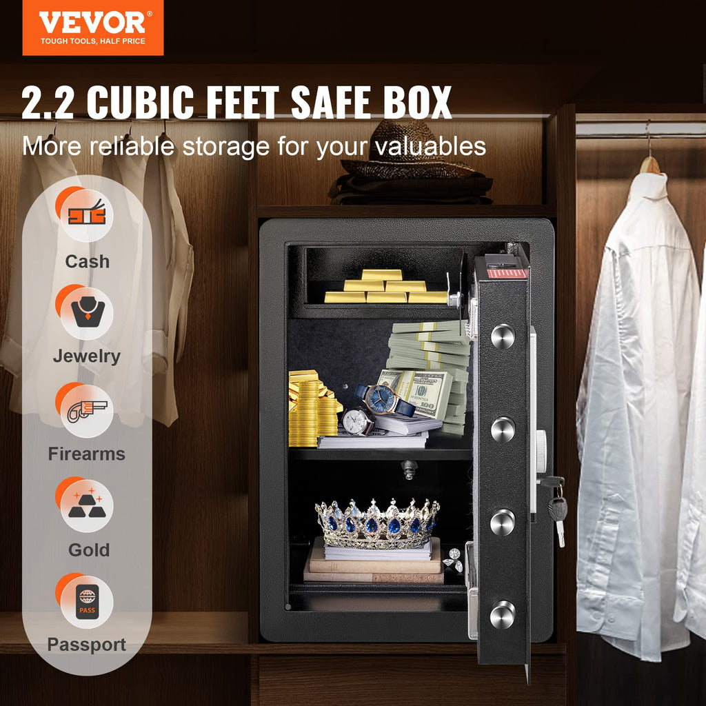 VEVOR Safe Tresor 2,2 Kubikfuß, Möbeltresor mit Feuerfester Geldtasche, Passwort & Schlüssel & Fingerabdruck Herausnehmbares Regal, Innenschrank, Wandtresor für Bargeld, Schmuck, Dokumente, Wertsache