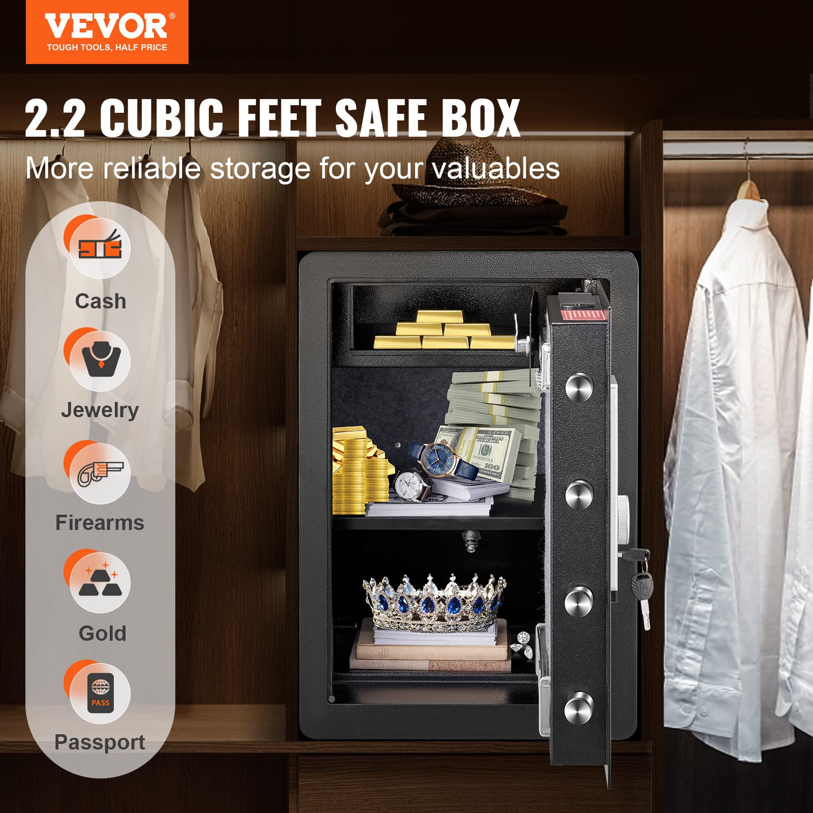 VEVOR Safe Tresor 2,2 Kubikfuß, Möbeltresor mit Feuerfester Geldtasche, Passwort & Schlüssel & Fingerabdruck Herausnehmbares Regal, Innenschrank, Wandtresor für Bargeld, Schmuck, Dokumente, Wertsache
