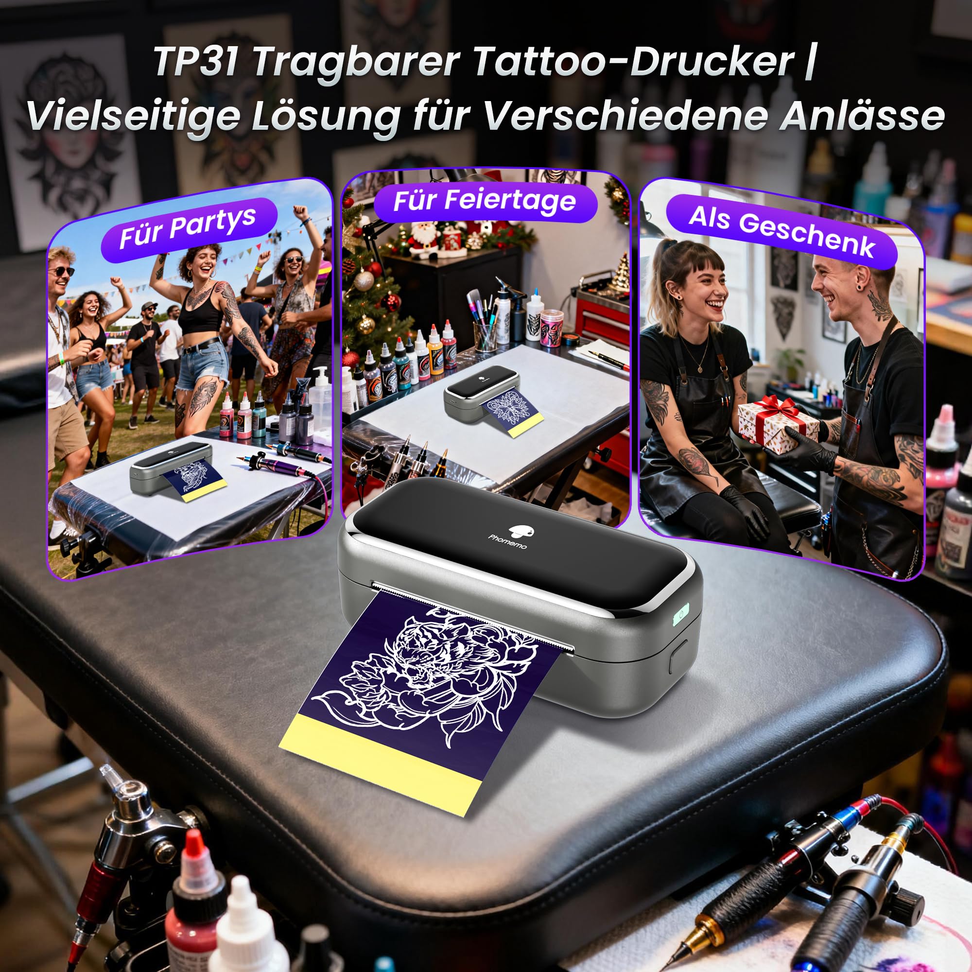 Phomemo TP31 Tattoo Drucker, Aufgerüstet Mini Tattoo Stencil Drucker 3 Zoll, Tattoodrucker mit 30pcs Papier für Anfänger, Tätowierer, Tattoo Printer Bluetooth Kompatibel mit Smartphone, Tablet