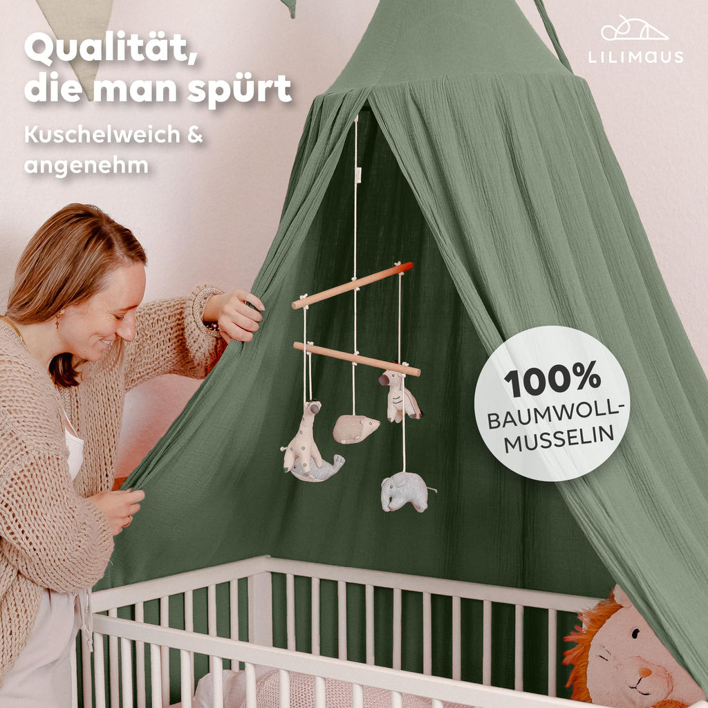 lilimaus Baldachin Kinderzimmer [in 12 Farben] - Betthimmel aus 100% Baumwolle Musselin Handmade für Mädchen & Jungen - Babybett Himmel als Babyzimmer Deko - Vorhang für Kinderbett, Kuschelecke