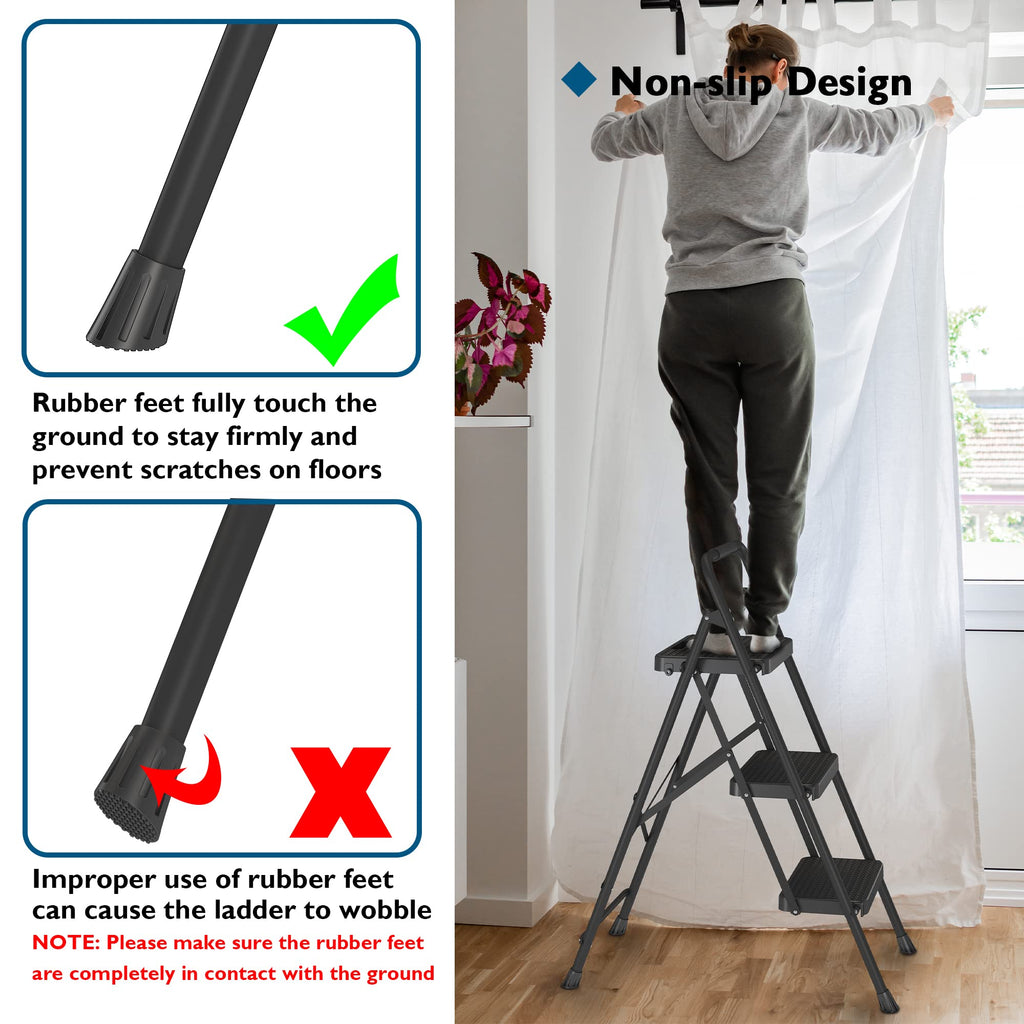 BONTEC Trittleiter 3 Stufen Klappbar, 150kg Kapazität mit Breiten Anti-Rutsch-Pedalen, Faltbarer Stahl-Tritthocker, Schwamm-Lenker, Zuhause, Speisekammer, Innen- und Außenbereich, Schwarz