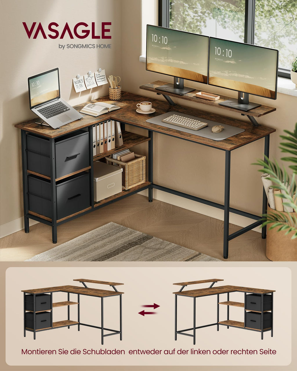 VASAGLE L-förmiger Schreibtisch, 2 geräumige Schubladen, Computertisch mit Monitorständer, Eckschreibtisch, Gaming-Tisch mit Verstellbarer Ablage 135 x 105 cm vintagebraun LWD098B01