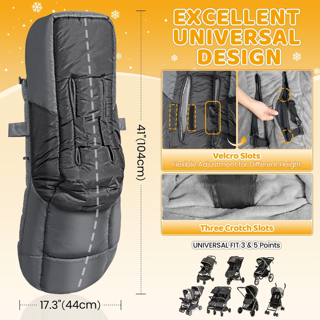 Orzbow Winter Fußsack Kinderwagen, Universeller Fußsack Buggy mit Reißverschluss, Wasserdicht Fusssack Kinderwagen Baby, Anti-Rutsch, Abnehmbar und Waschmaschinenfest, 104cm*44cm, Dunkelgrau