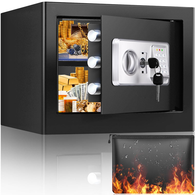 Mejasg Feuerfester Safe mit Geldbeutel, feuerfest, klein, elektrisch, mit abnehmbarem Regal und Alarmmodus, Wandtresor für Schmuck, Geld, Dokumente, Medikamente