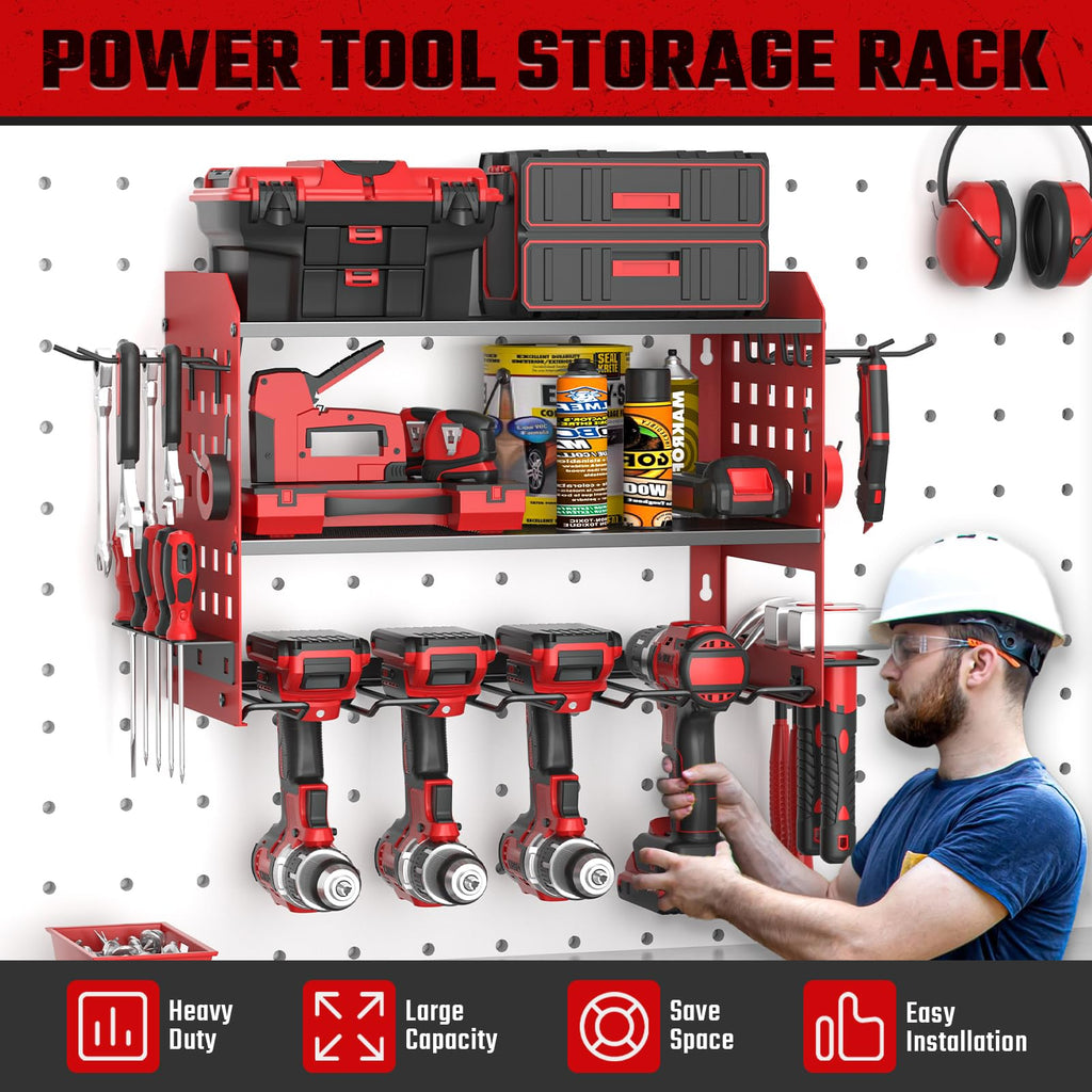 Yeabett 3 Ebenen Werkzeug Wandhalterung, Werkzeugspeicher Aufbewahrung für 4 Elektrowerkzeug, Werkzeug Wandhalterung für Garage, Werkstatt, 42.5 * 20 * 31cm (Rot)
