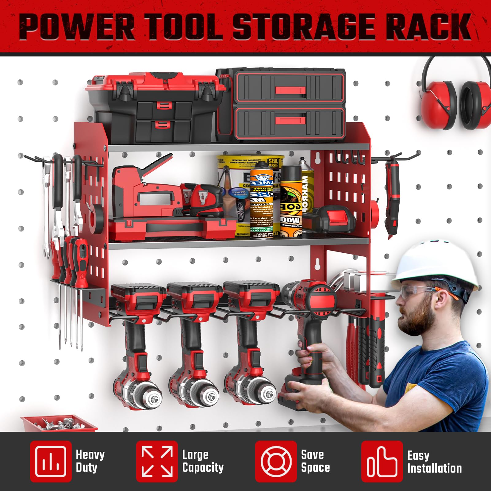 Yeabett 3 Ebenen Werkzeug Wandhalterung, Werkzeugspeicher Aufbewahrung für 4 Elektrowerkzeug, Werkzeug Wandhalterung für Garage, Werkstatt, 42.5 * 20 * 31cm (Rot)