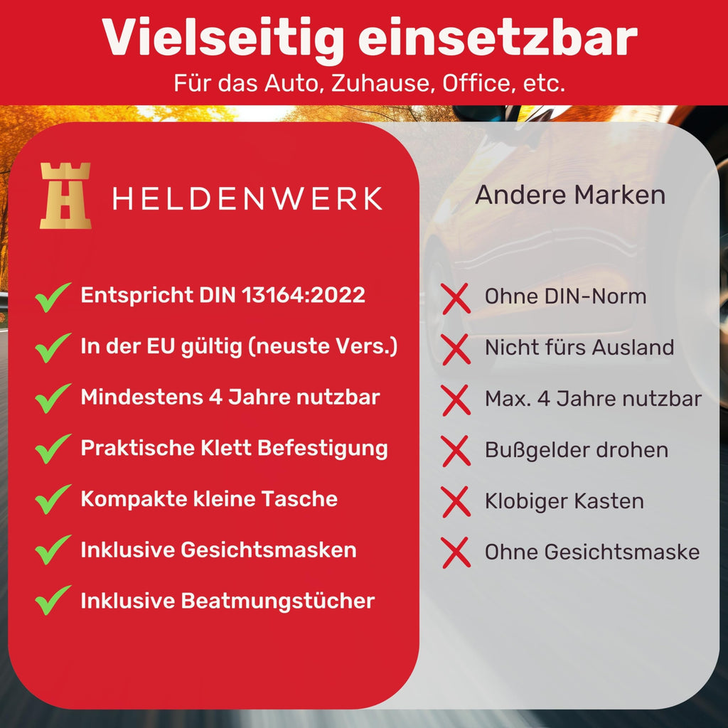 KFZ Verbandstasche nach aktueller Norm 2026 inkl. Beatmungstüchern - KFZ Verbandskasten europaweit nutzbar - Erste Hilfe Set Verbandkasten DIN 13164:2022 (StVO konform)