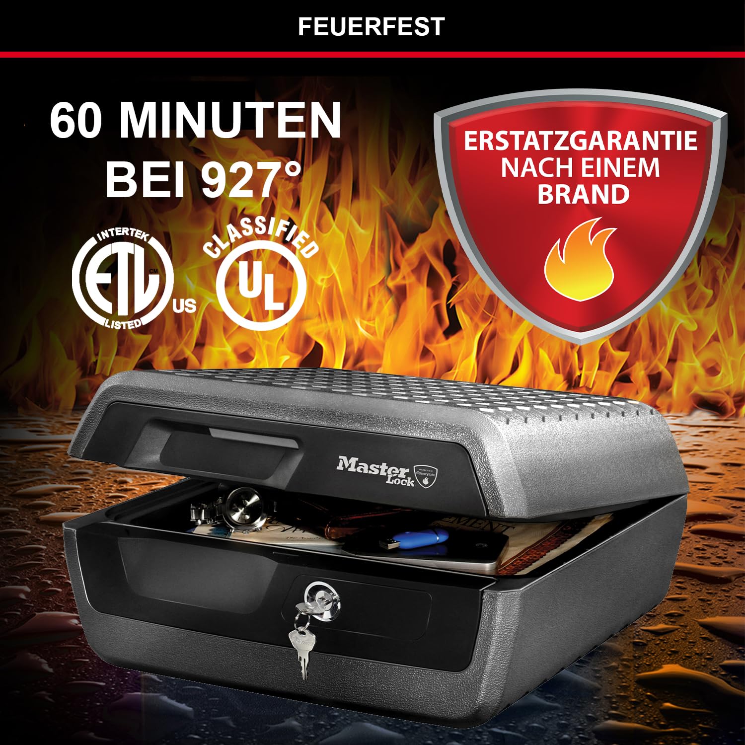 Master Lock Sicherheitskassette [Feuer- und Wasserfest] [Large] [Schlüsselschloss] LCFW30100 – Für Ausweise, A4-Dokumente, kleine Elektrogeräte, Juwelen usw.