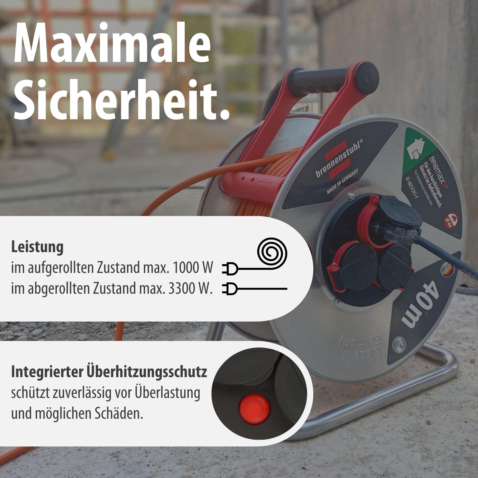 Brennenstuhl Garant S V2 IP44 Kabeltrommel 40m outdoor (Made in Germany, Kabel in Signalfarbe orange, aus Stahlblech, kurzfristiger Einsatz im Außenbereich)