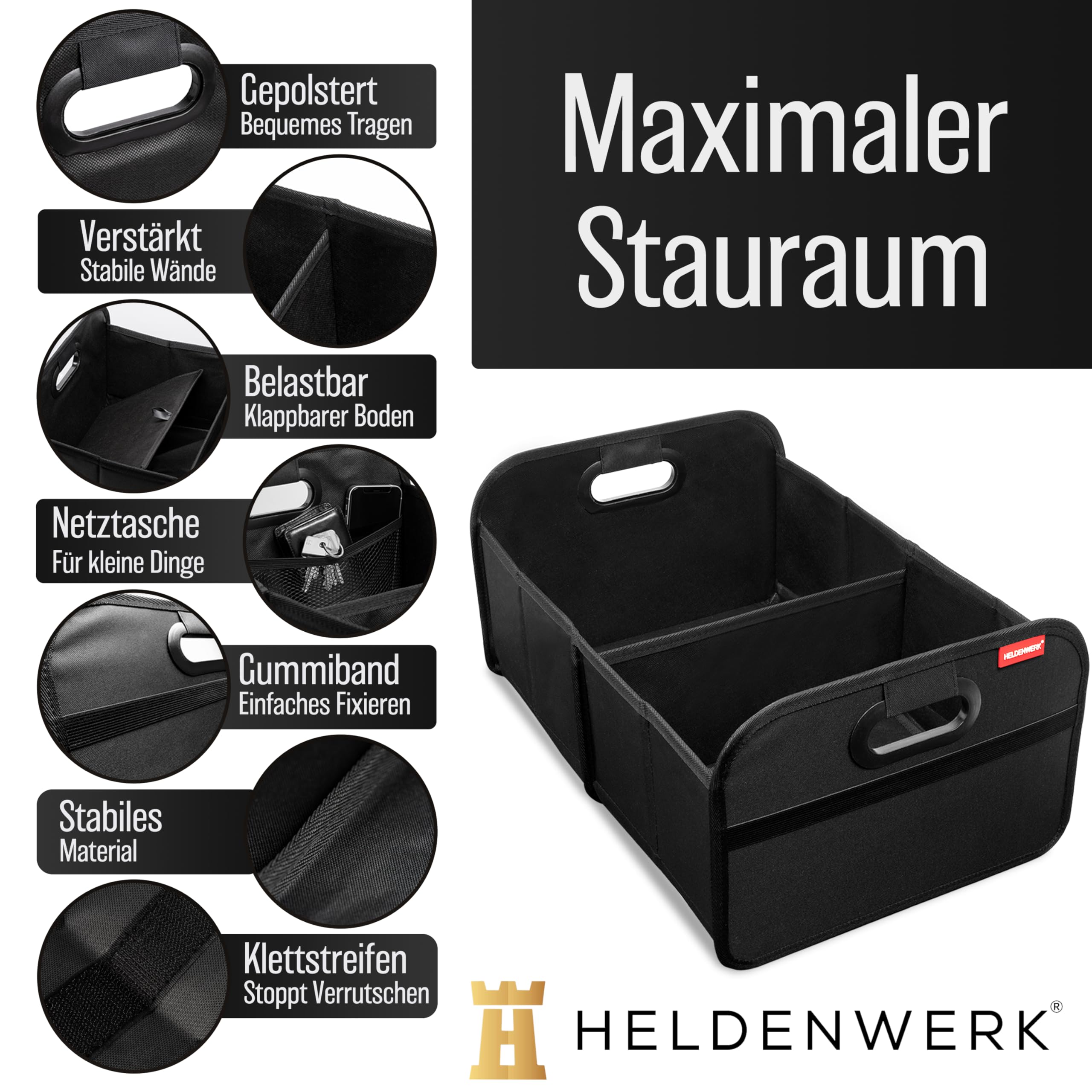 HELDENWERK Kofferraumtasche faltbar mit Anti-Rutsch-Klett - Kofferraum-Organizer, Auto Faltbox, Einkaufstasche - verstärkt und stabil