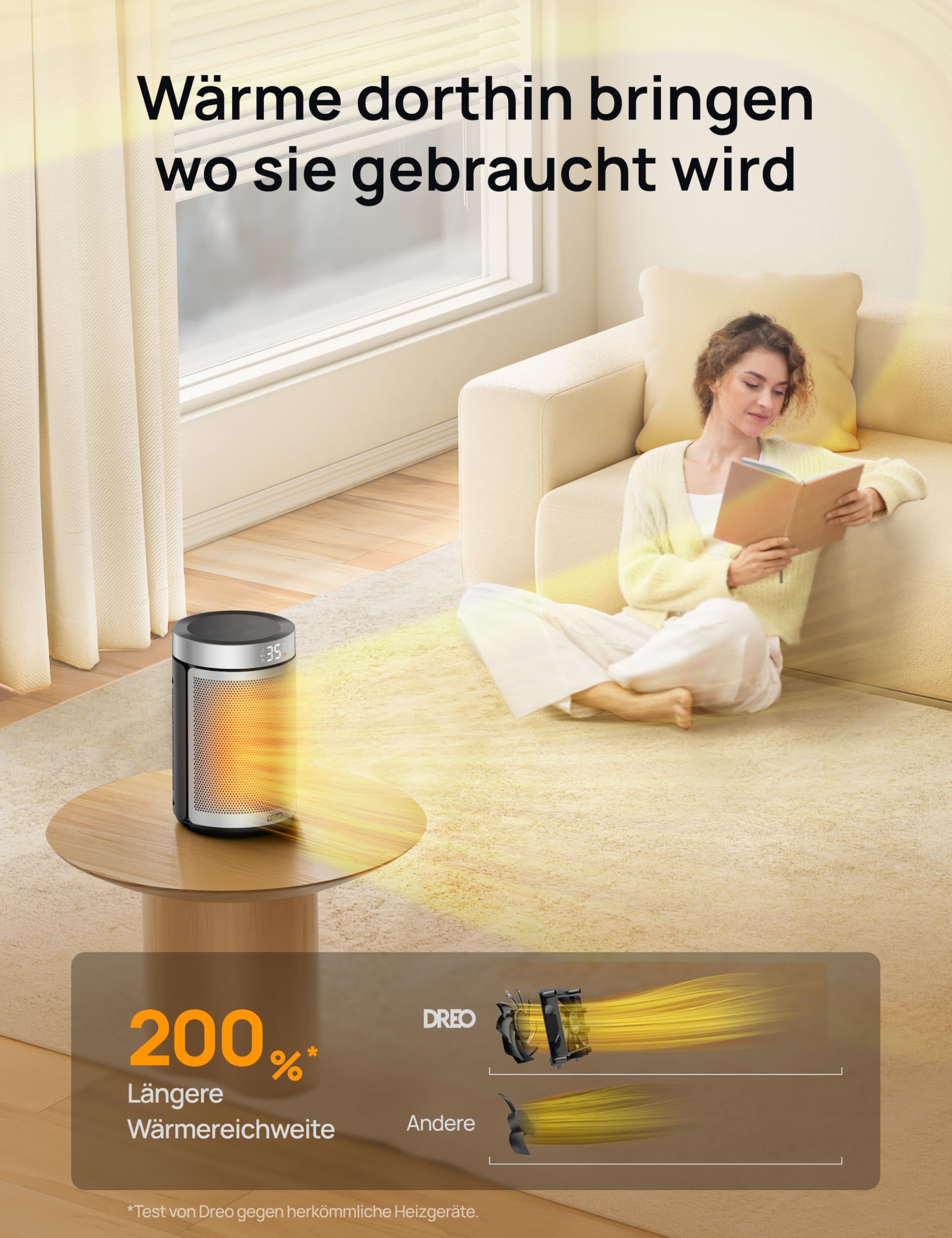 Dreo Energiesparender Heizlüfter, 34 dB Leiser 1500W Elektrischer PTC Keramik, Thermostat, Überhitzungs- & Kippschutz, 12 Std. Timer, Elektroheizung für Räume Schlafzimmer, Atom 316, Silber