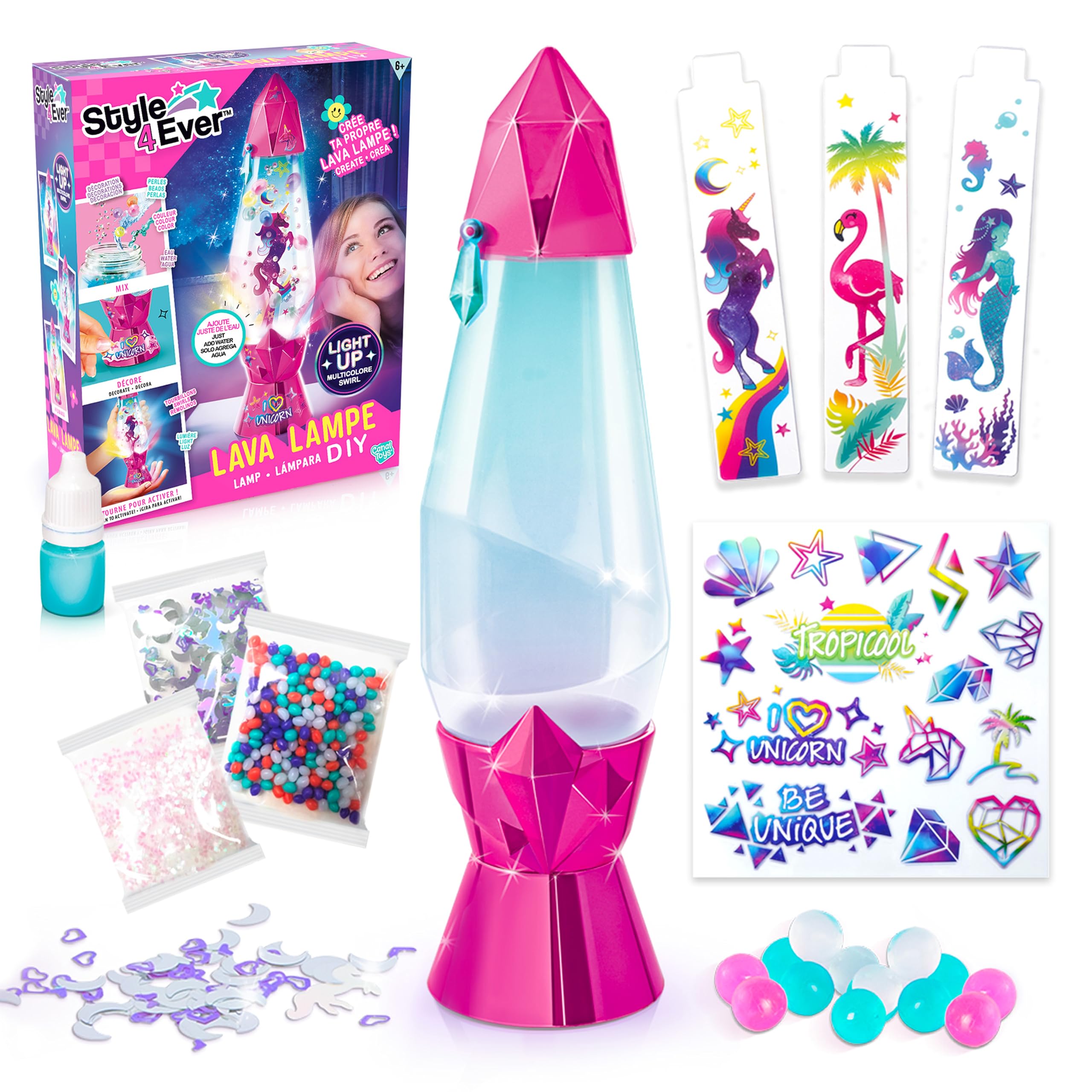 Canal Toys – Style 4 Ever – DIY Lava-Lampe zum Selbermachen – Dekoriere mit Stickern, Perlen & Farbstoff – Farbwechsel-LED & Wirbel-Effekt – Kreatives Deko-Set für Kids ab 6 Jahren – OFG 180