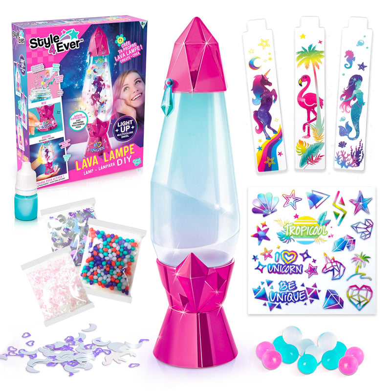 Canal Toys – Style 4 Ever – DIY Lava-Lampe zum Selbermachen – Dekoriere mit Stickern, Perlen & Farbstoff – Farbwechsel-LED & Wirbel-Effekt – Kreatives Deko-Set für Kids ab 6 Jahren – OFG 180