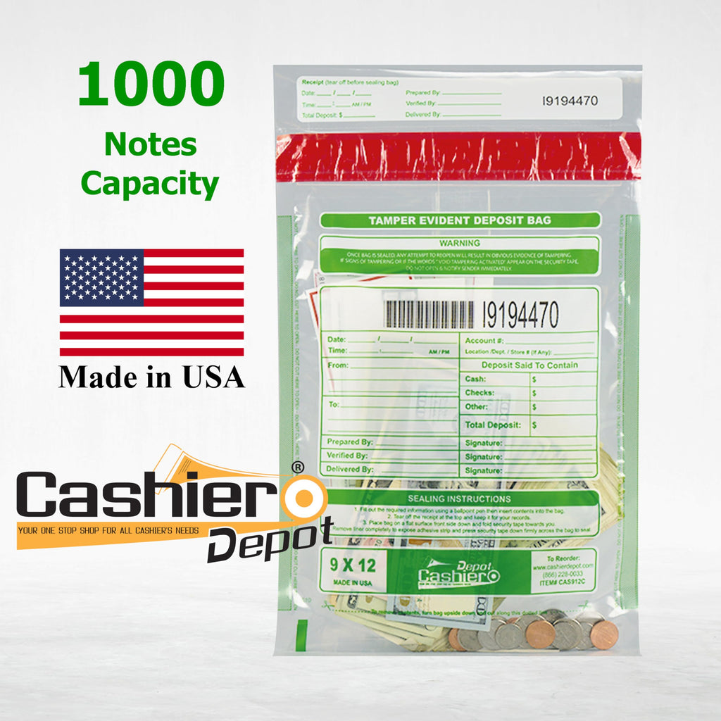 Cashier Depot Manipulationssichere Bankeintüten, 22,9 x 30,5 cm, transparent, serialisierte Nummerierung, Barcode, Press- & Seal Void Verschlussband