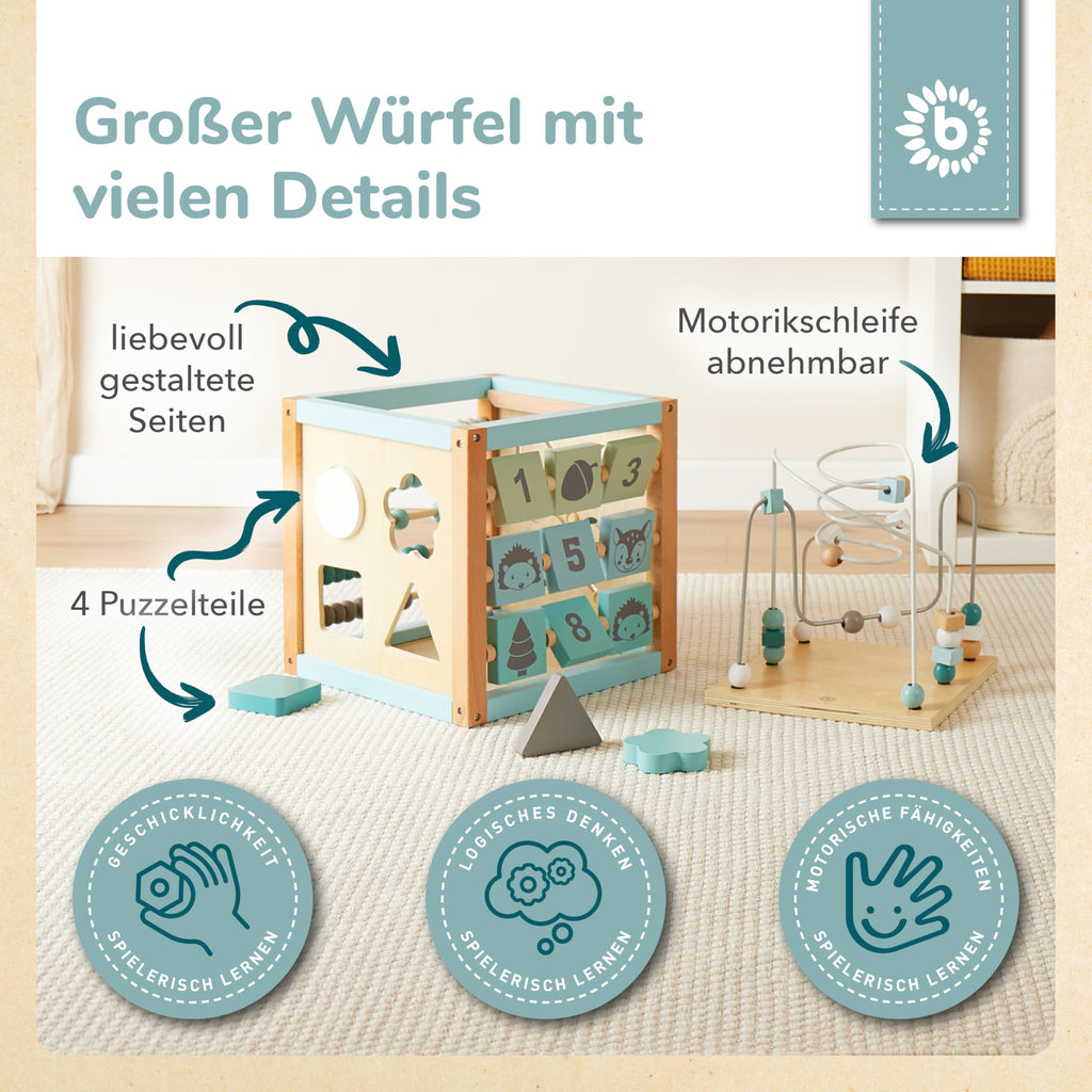 Bieco Motorikwürfel XXL Scandi-Chic | Motorikspielzeug ab 1 Jahr | Activity Center Baby Spielzeug 1 Jahr | Holz motorikschleife ab 1 Jahr Baby
