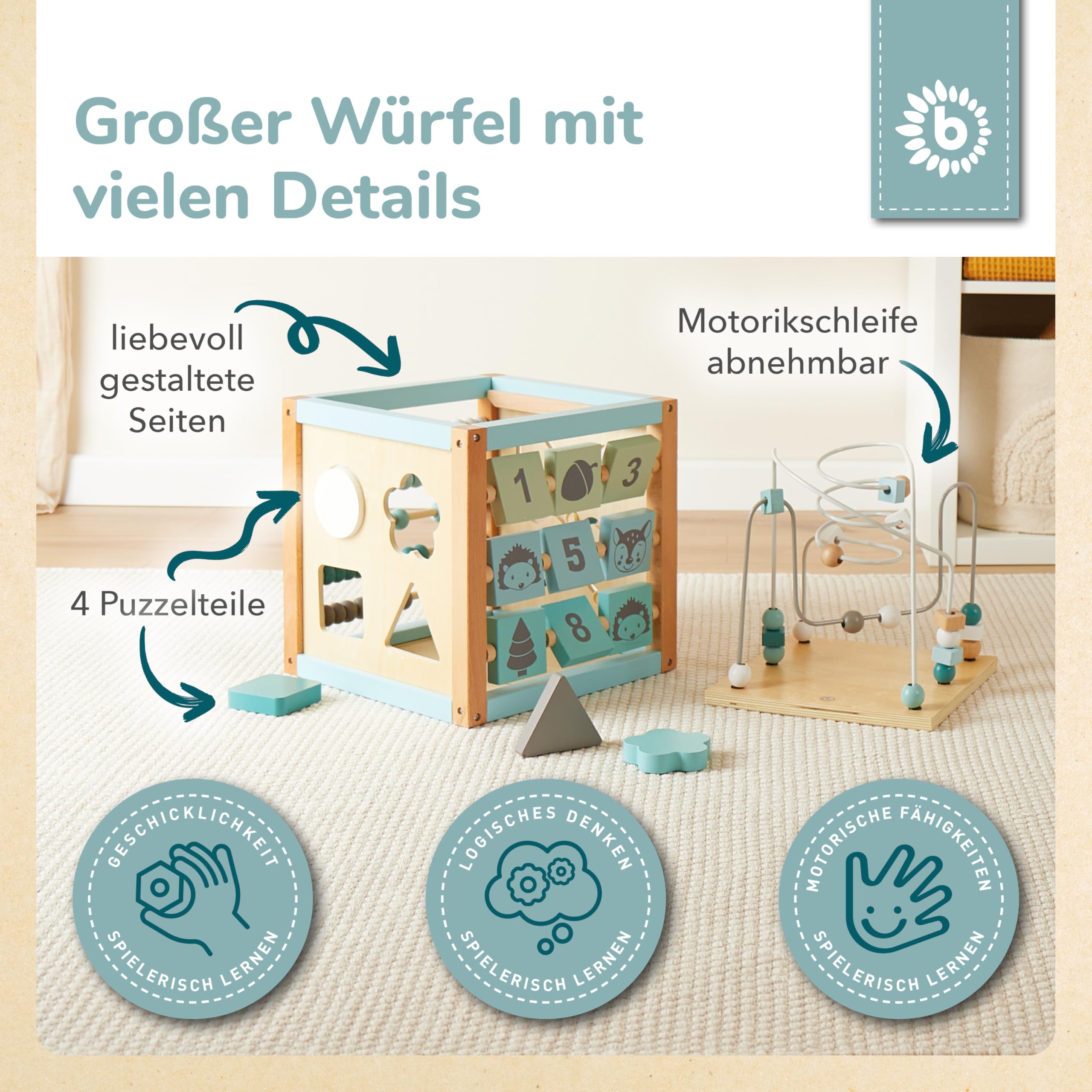 Bieco Motorikwürfel XXL Scandi-Chic | Motorikspielzeug ab 1 Jahr | Activity Center Baby Spielzeug 1 Jahr | Holz motorikschleife ab 1 Jahr Baby