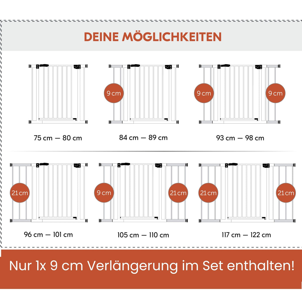 hauck Clear Step 2 + 9 cm Verlängerung, Weiß - Kinderschutzgitter Hundegitter, Verstellbare Breite 84-89 cm, 77 cm Hoch, Flacher Einstieg, Einhand Öffnung, ohne Bohren, für Innen
