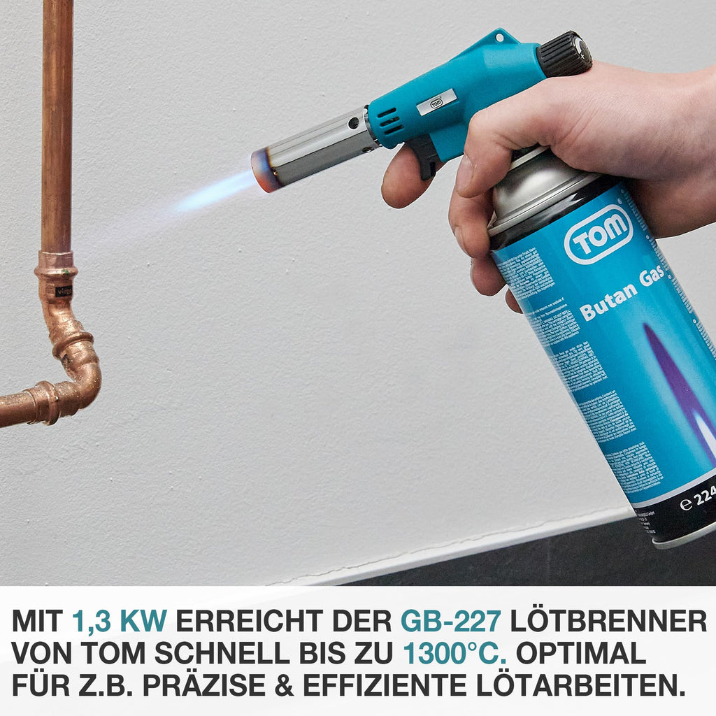 TOM Gasbrenner – Brenneraufsatz - Gaskartuschen mit Bajonettverschluss MSF-1A für Werkstatt, Garten, Küche & Co. – 1300°C – Piezozündung – Lötbrenner – Bunsenbrenner (Gasbrenner mit 4 Gaskartuschen)