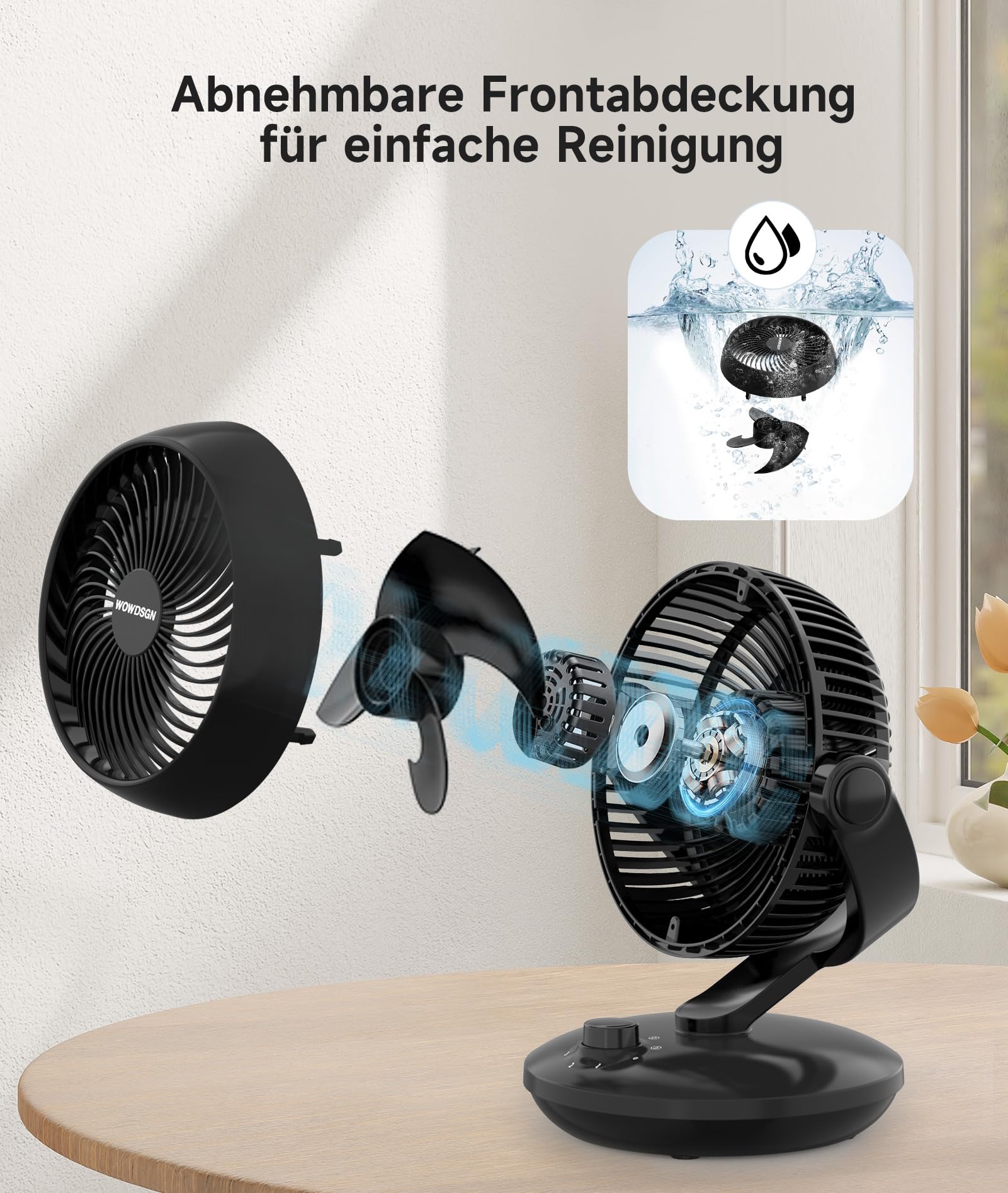 WOWDSGN Ventilator Leise, Tischventilator 24dB, Leistungsstarker 3D Turbo-Luftzirkulator - 100° & 80° Oszillation - 3 Geschwindigkeitsstufen für Schlafzimmer Wohnzimmer Büro Küchen - Schwarz