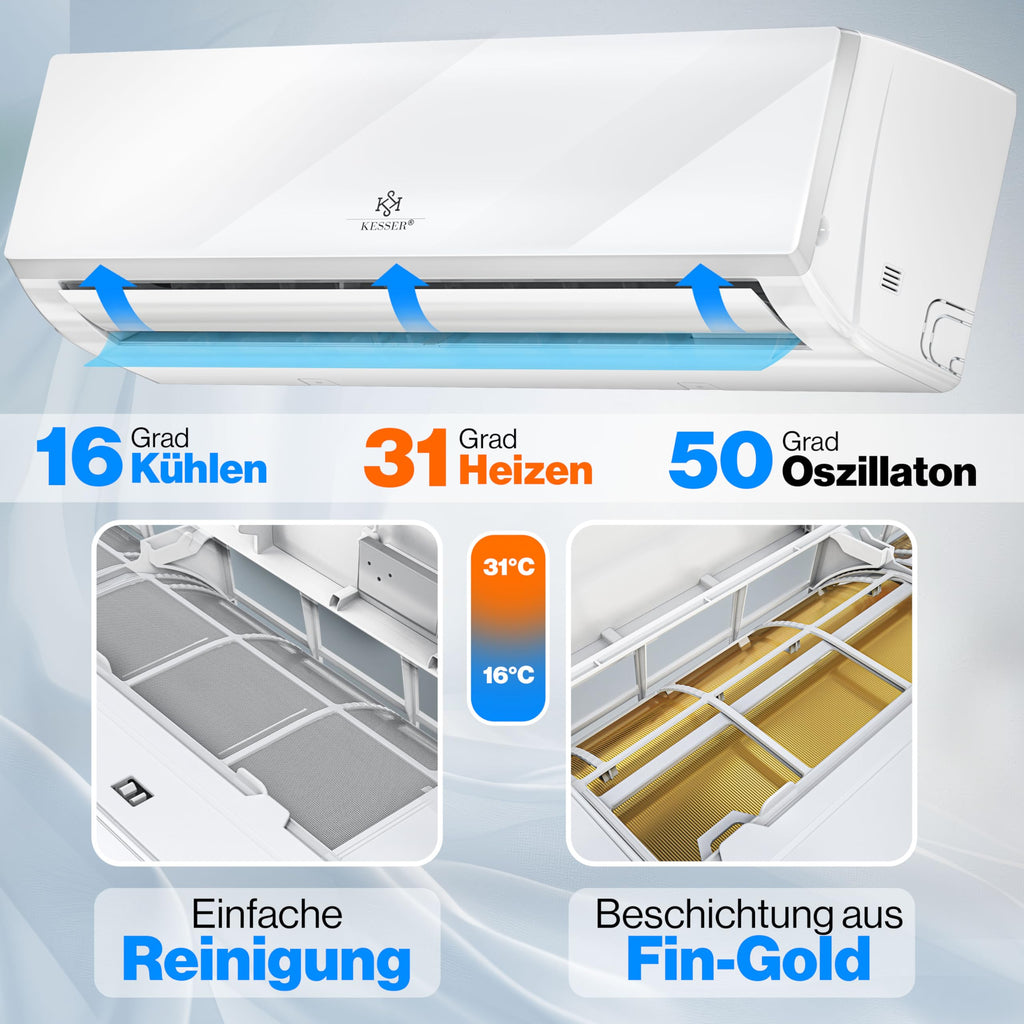 KESSER® Klimaanlage Set Split - mit WiFi/App Funktion Klimagerät - Kühlen A++/ Heizen A+ - 9000 BTU/h (2.600 Watt) Sehr Leise, Kältemittel R32 - Fernbedienung, Timerfunktion - Inkl. Montagematerial