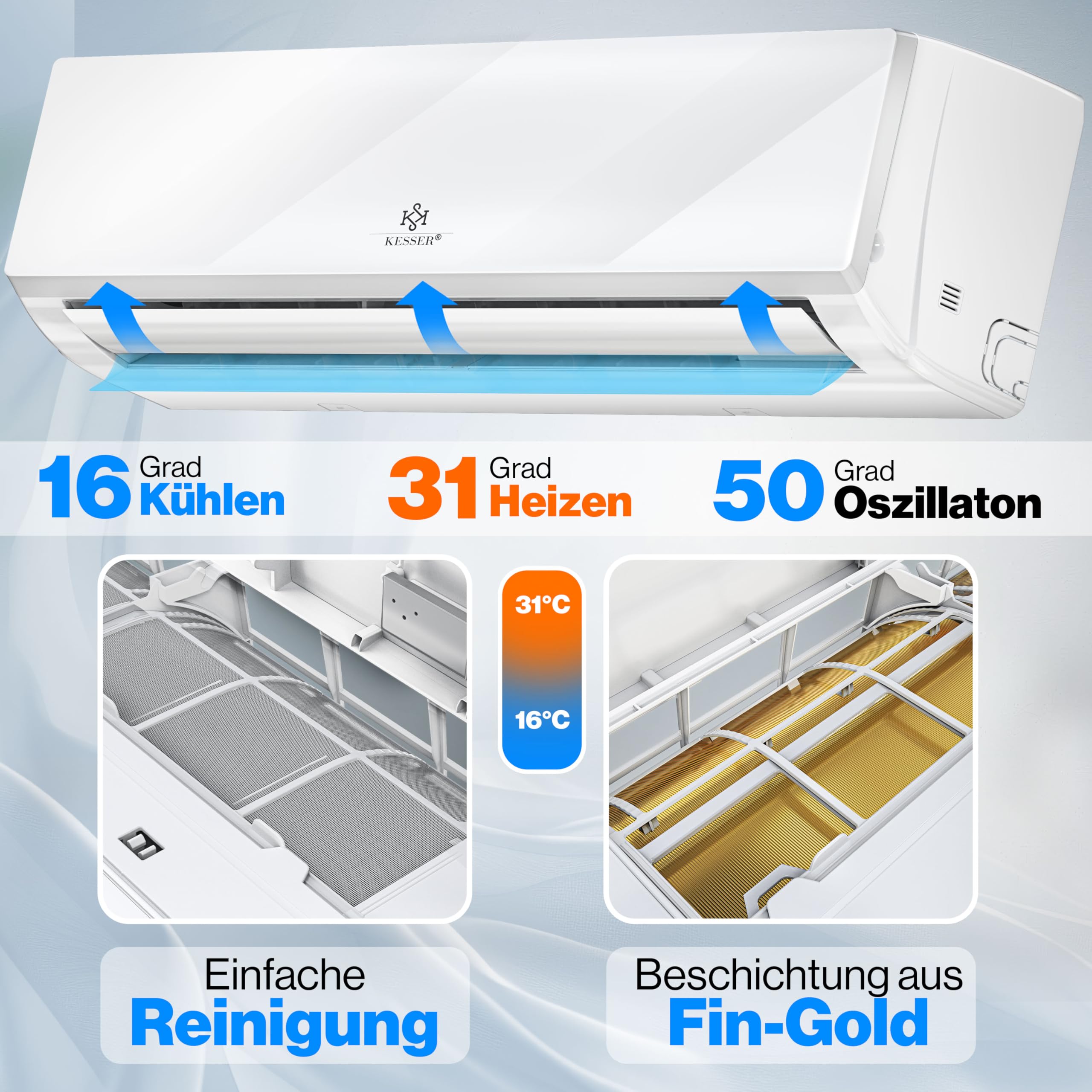 KESSER® Klimaanlage Set Split - mit WiFi/App Funktion Klimagerät - Kühlen A++/ Heizen A+ - 9000 BTU/h (2.600 Watt) Sehr Leise, Kältemittel R32 - Fernbedienung, Timerfunktion - Inkl. Montagematerial