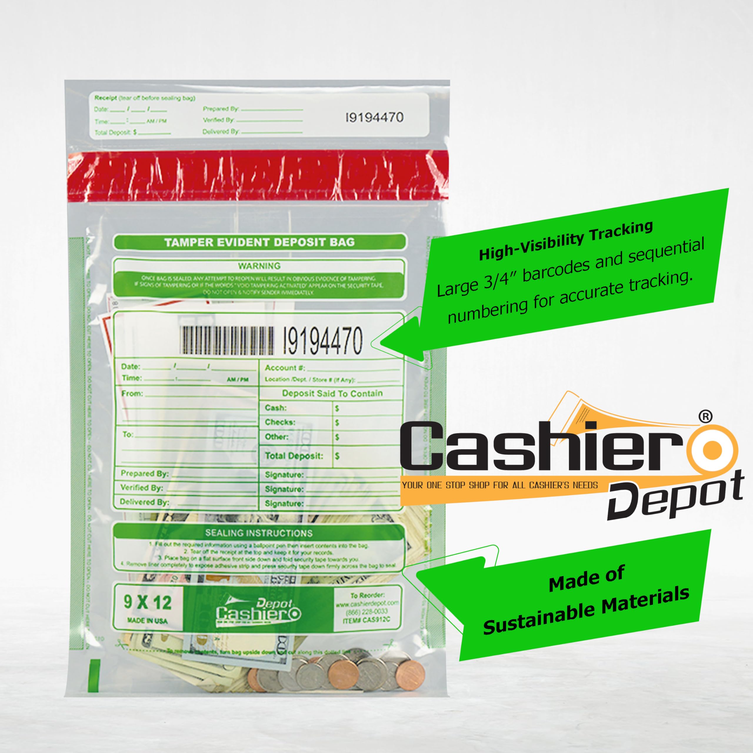 Cashier Depot Manipulationssichere Bankeintüten, 22,9 x 30,5 cm, transparent, serialisierte Nummerierung, Barcode, Press- & Seal Void Verschlussband