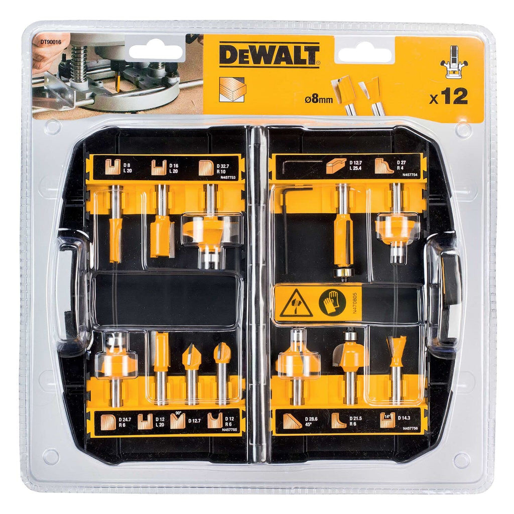 DEWALT 12-tlg. Hartmetall Fräser-Set (mit Anti Kickback Design, Premium Stahlkörper, HM Schneidplatten und austauschbarem Kugellager, inkl. Box) DT90016