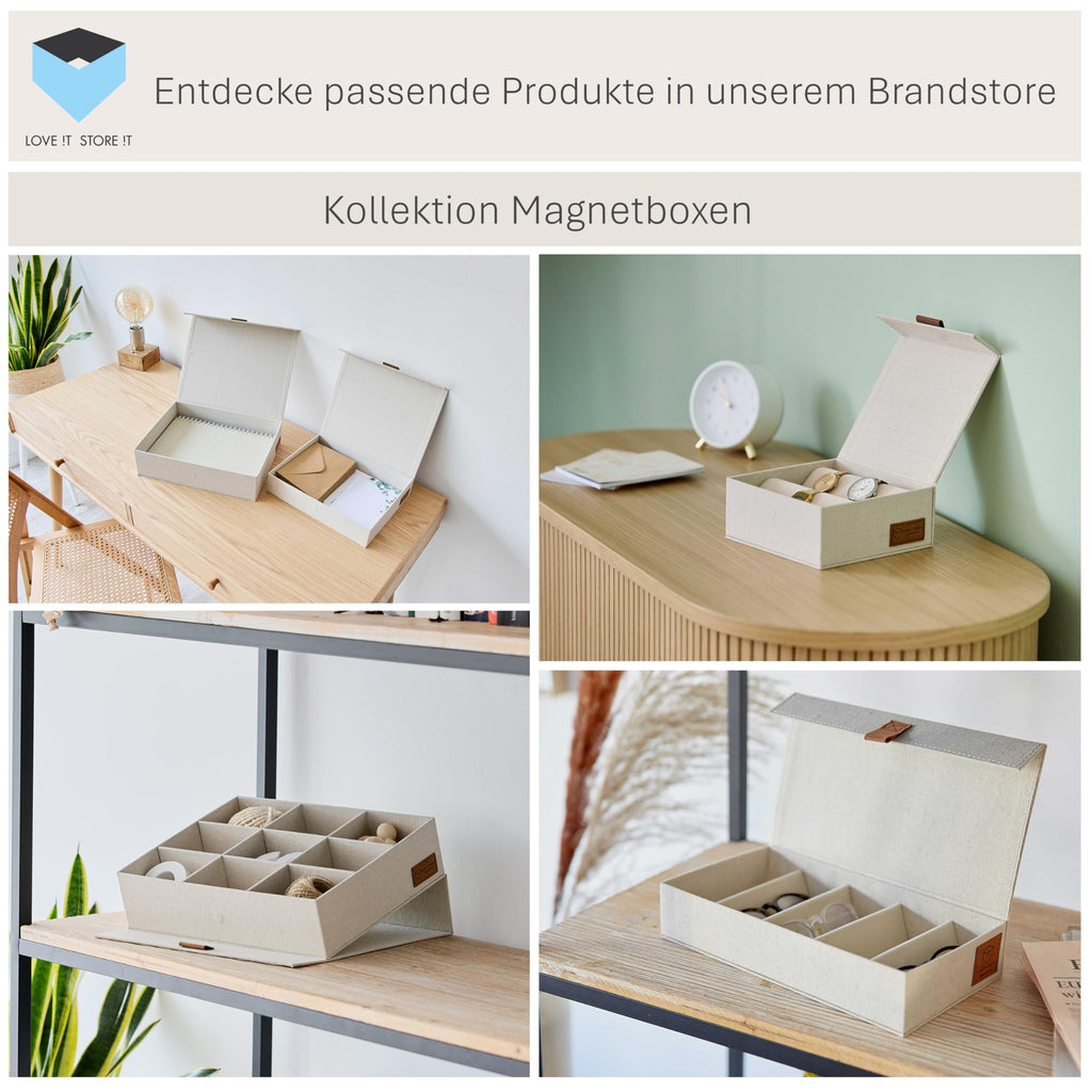 LOVE IT STORE IT Premium Aufbewahrungsbox mit Deckel - Fotobox mit 3 Fächern - Leinen Stoff - Klappdeckel - Magnetischer Verschluss - Beige - 23x18x12 cm