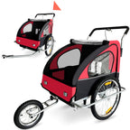 SAMAX Fahrradanhänger Jogger 2in1 Kinderanhänger Kinderfahrradanhänger Transportwagen vollgefederte Hinterachse für 2 Kinder in Rot/Schwarz - Silver Frame
