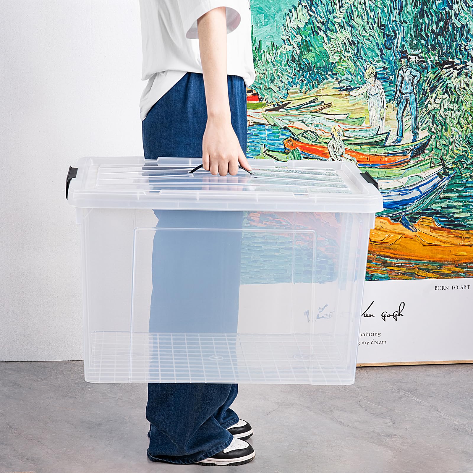 Cetomo 90L*4 Aufbewahrungsboxen, Tragbare Plastikboxen mit Deckeln, Organizer-Behälter mit Griff und Clips, Stapelbar, Ineinander Nestbar, für Zuhause und Büro, Transparent, 90L-4er Pack
