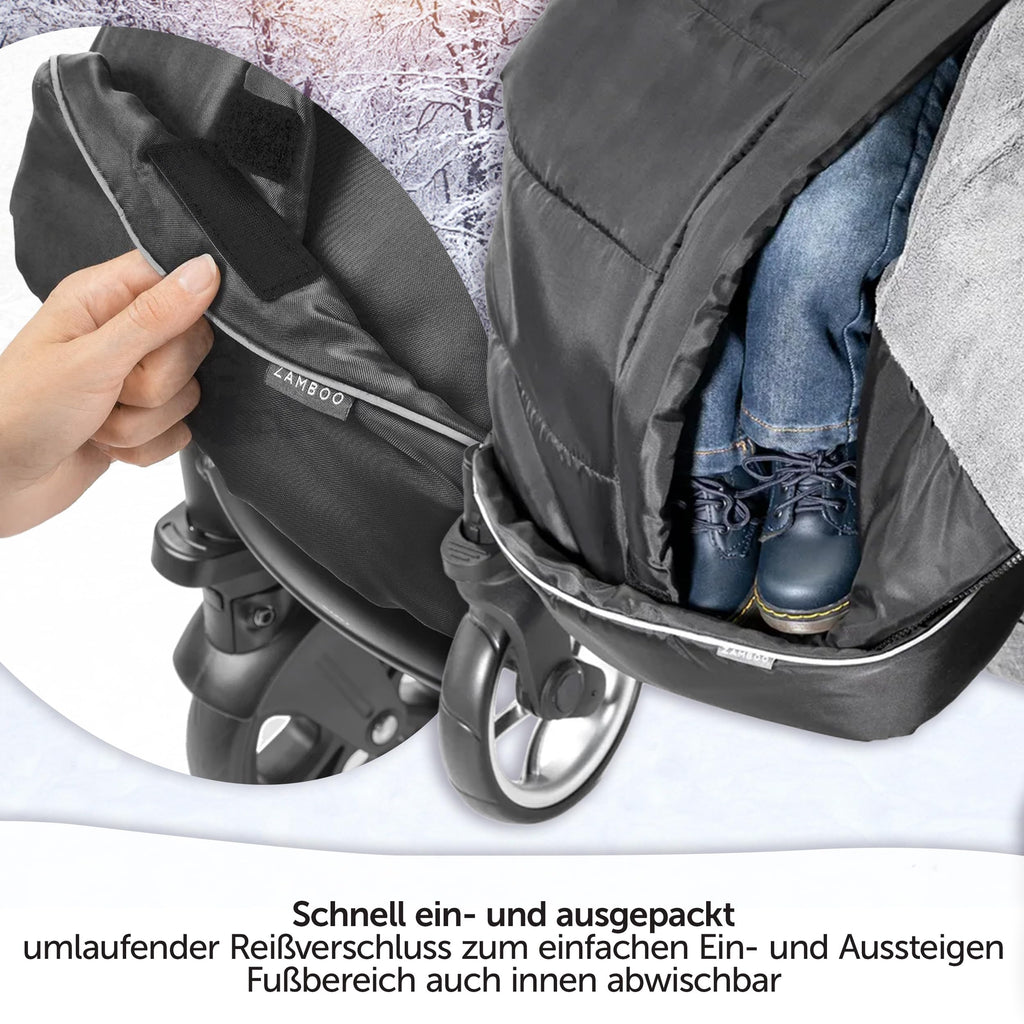 Zamboo Fußsack für Joie Buggy Sportwagen (passend für Litetrax, Mytrax, Chrome) - Winterfußsack für Kinderwagen, mit Reflektor, Kapuzenfunktion & Tasche - Schwarz