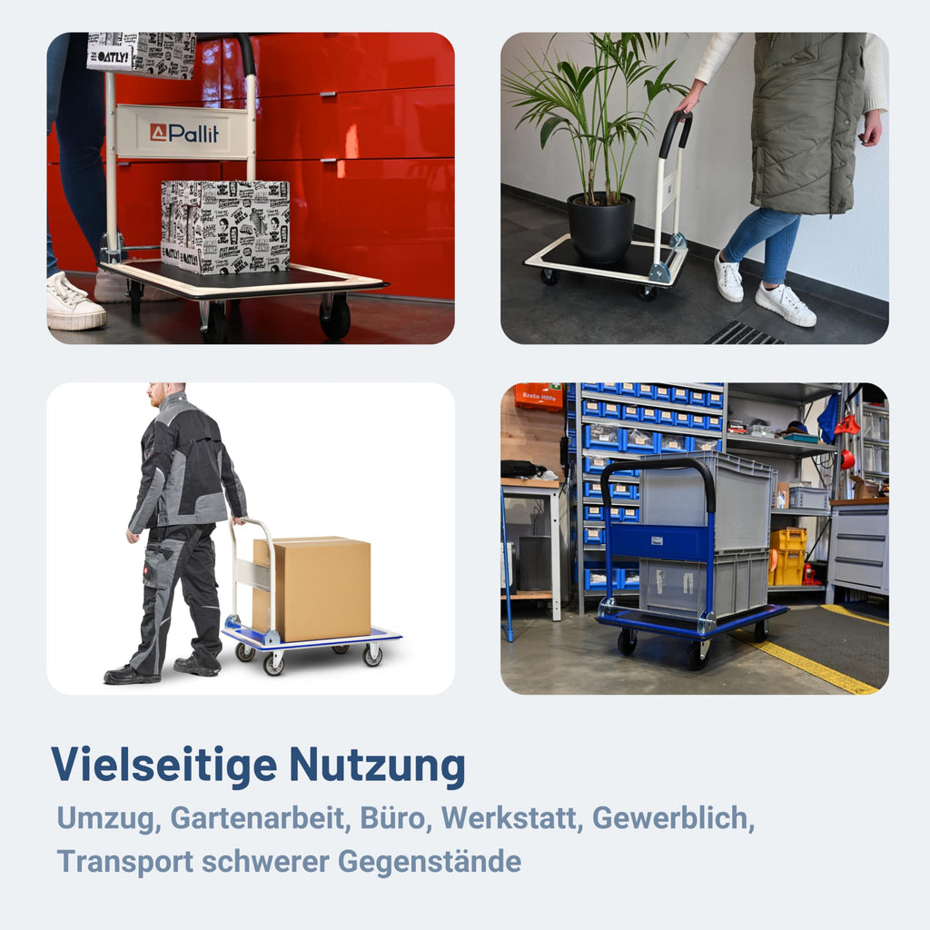 Pallit Transportwagen klappbar Blau 300 kg Rollwagen mit lenkbarer Vollgummi-Bereifung Anti-Rutsch Plattformwagen Transporthilfe Handwagen Carry