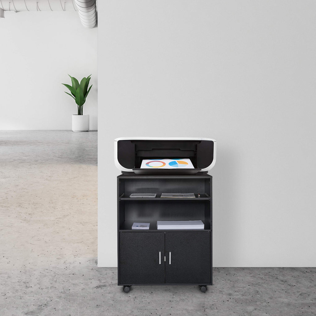 Relaxdays Rollcontainer Büro, mit 2 Fächern & Tastaturauszug, Druckertisch mit Rollen, HxBxT: 74 x 60 x 48 cm, schwarz