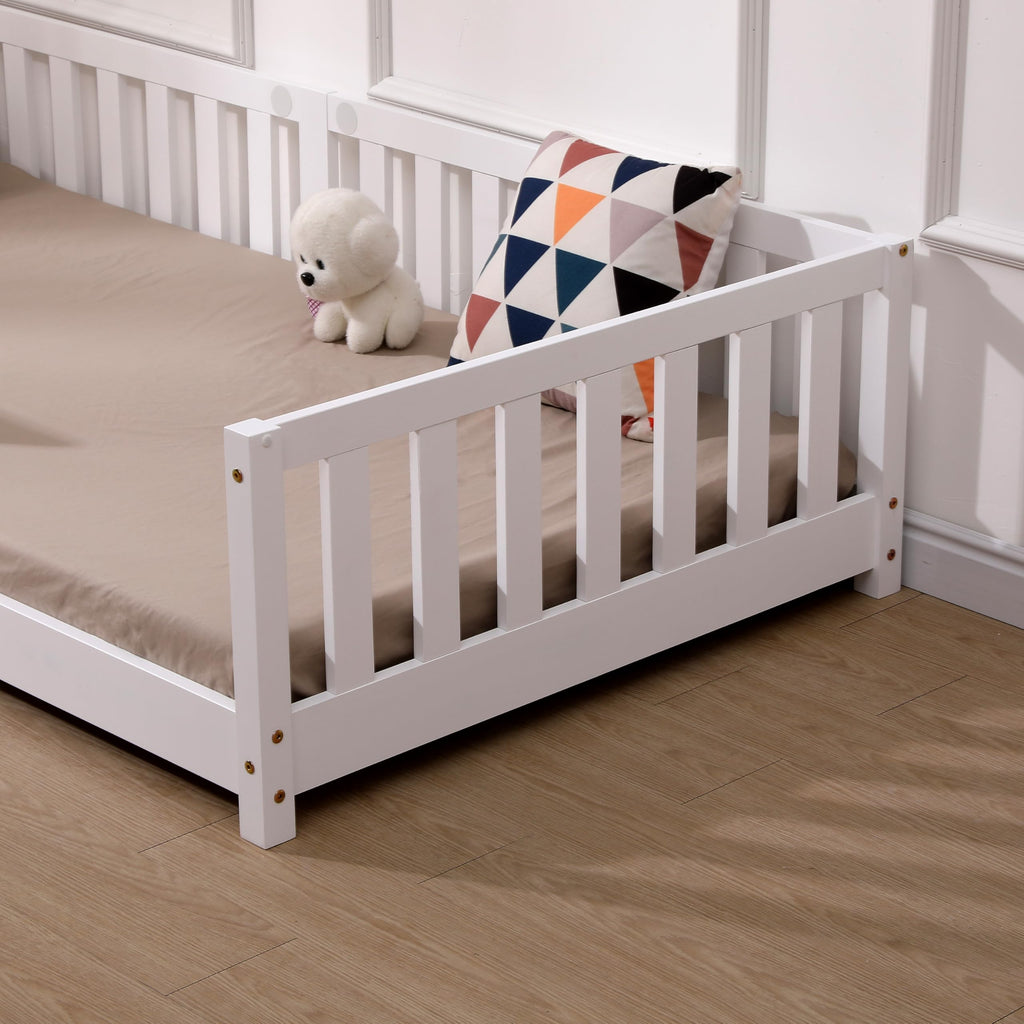 ecomi® Kinderbett 80x160 mit Rausfallschutz Bodenbett Kinder Bett mit Lattenrost für Kinder Kinderbetten für Mädchen und Jungen Massivholz Kiefer in Weiß